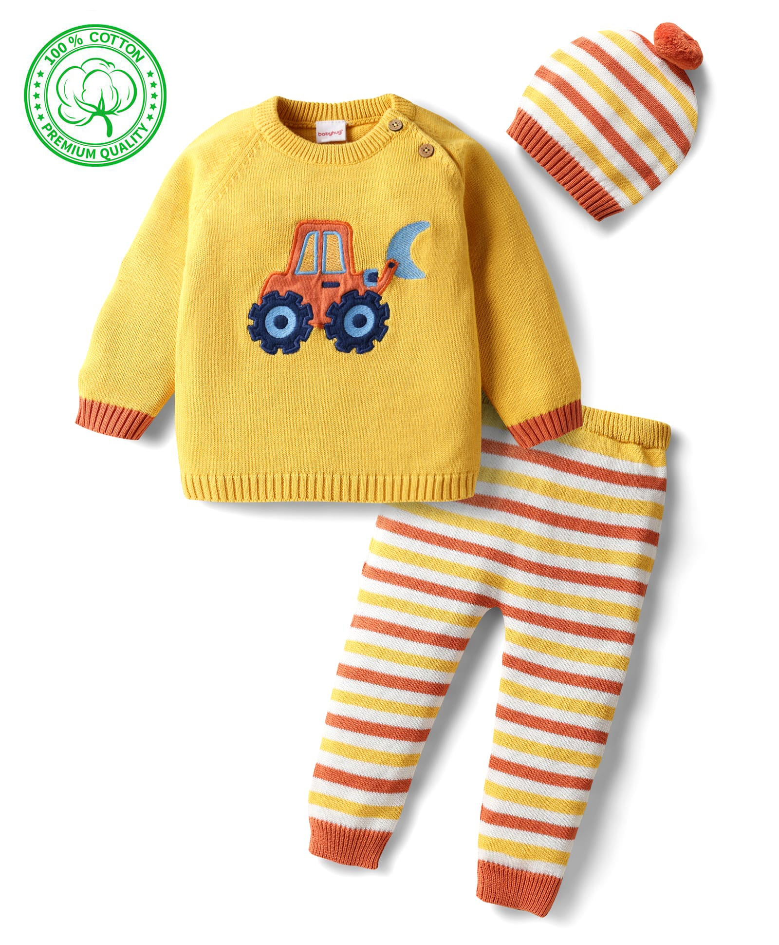 Babyhug Organic Cotton Knit Full Sleeves Vehicles Embroidered Pullover Sweater Set With Stripes & Cap - Mustard-image-25
