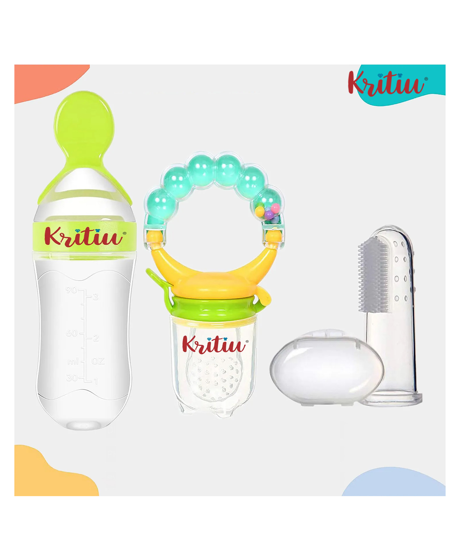 Kritiu Baby Silicone Fruit Nibbler Soother Squeezy Food Feeder Bottle With Spoon & Fingure Toothbrush -(Pack of-3)- Green-image-33