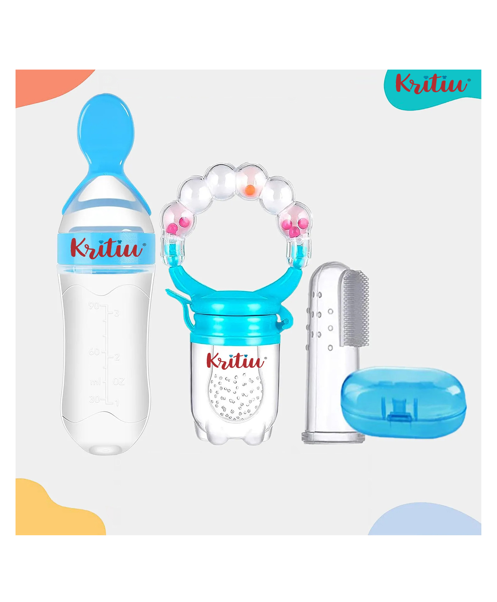 Kritiu Baby Silicone Fruit Nibbler Soother Squeezy Food Feeder Bottle With Spoon & Fingure Toothbrush -(Pack of-3)- Blue-picture-3
