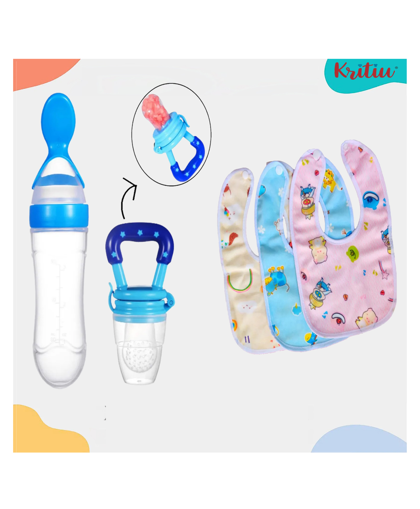 Kritiu Baby Feeding Combo 1 Food Feeder 1 Fruit Nibbler With 3 cotton Waterproof Bibs -(Pack of-5) Blue-picture-5