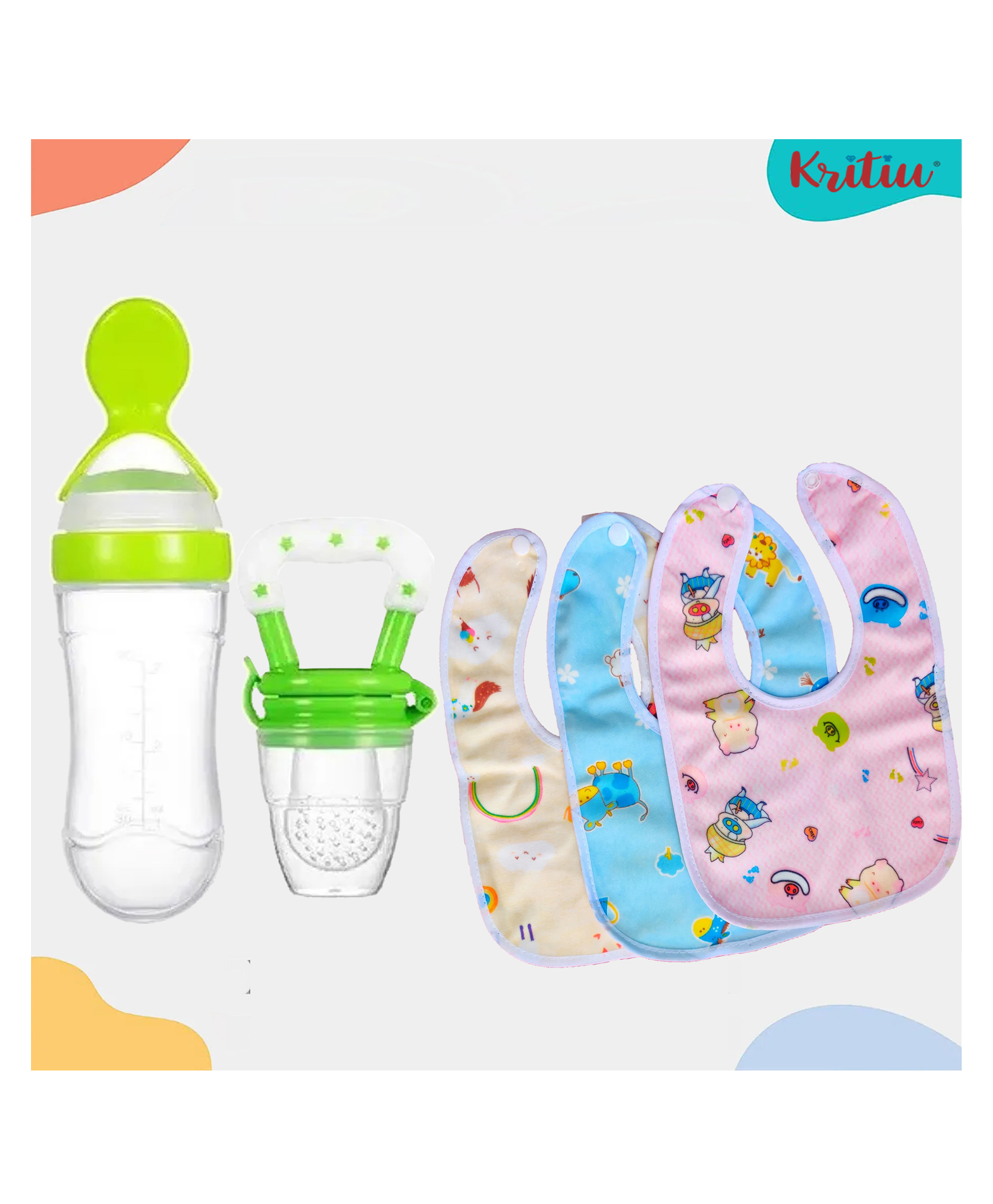 Kritiu Baby Feeding Combo 1 Food Feeder 1 Fruit Nibbler With 3 cotton Waterproof Bibs -(Pack of-5) Green-picture-1