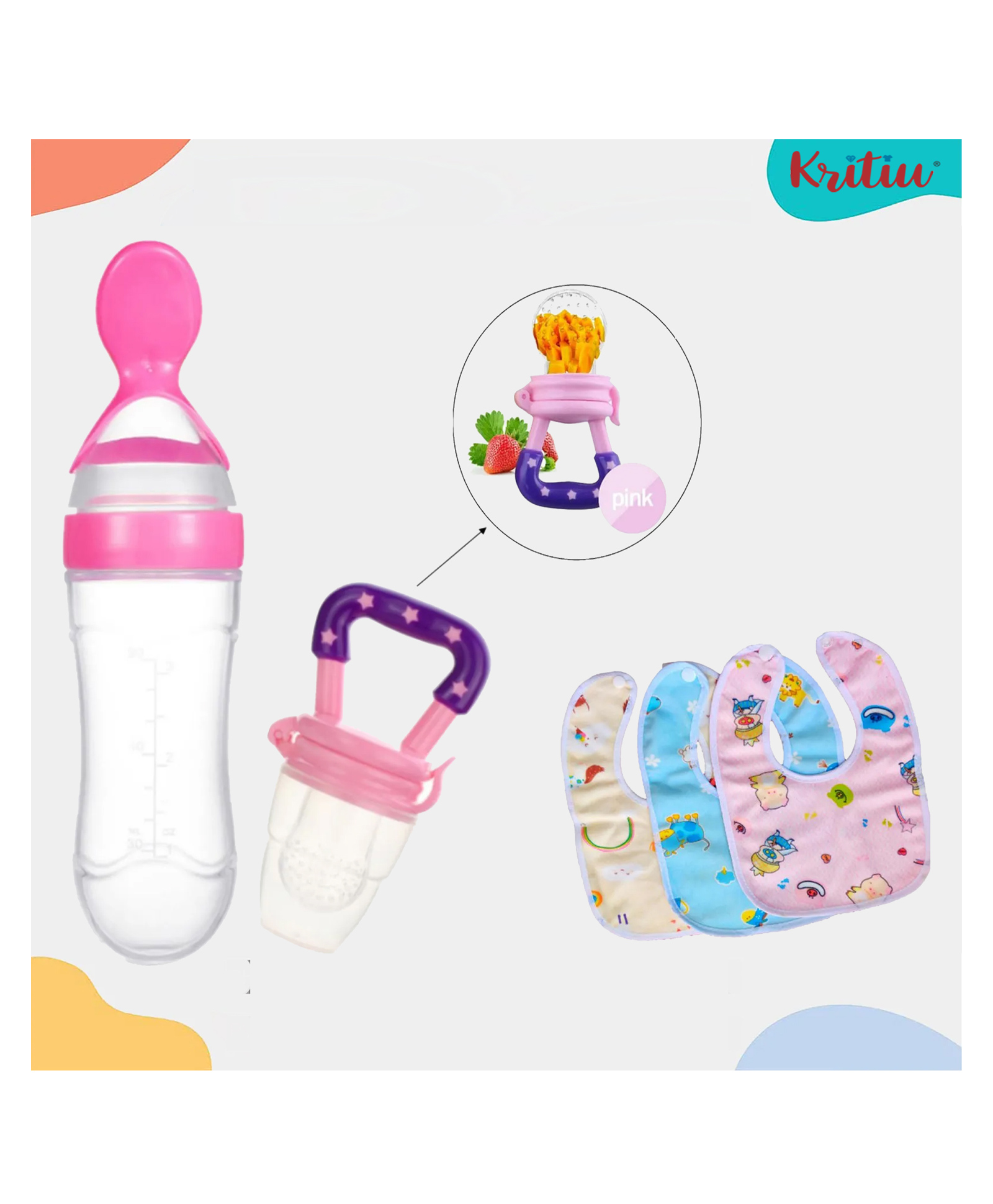 Kritiu Baby Feeding Combo 1 Food Feeder 1 Fruit Nibbler With 3 cotton Waterproof Bibs -(Pack of-5) Pink-picture-4