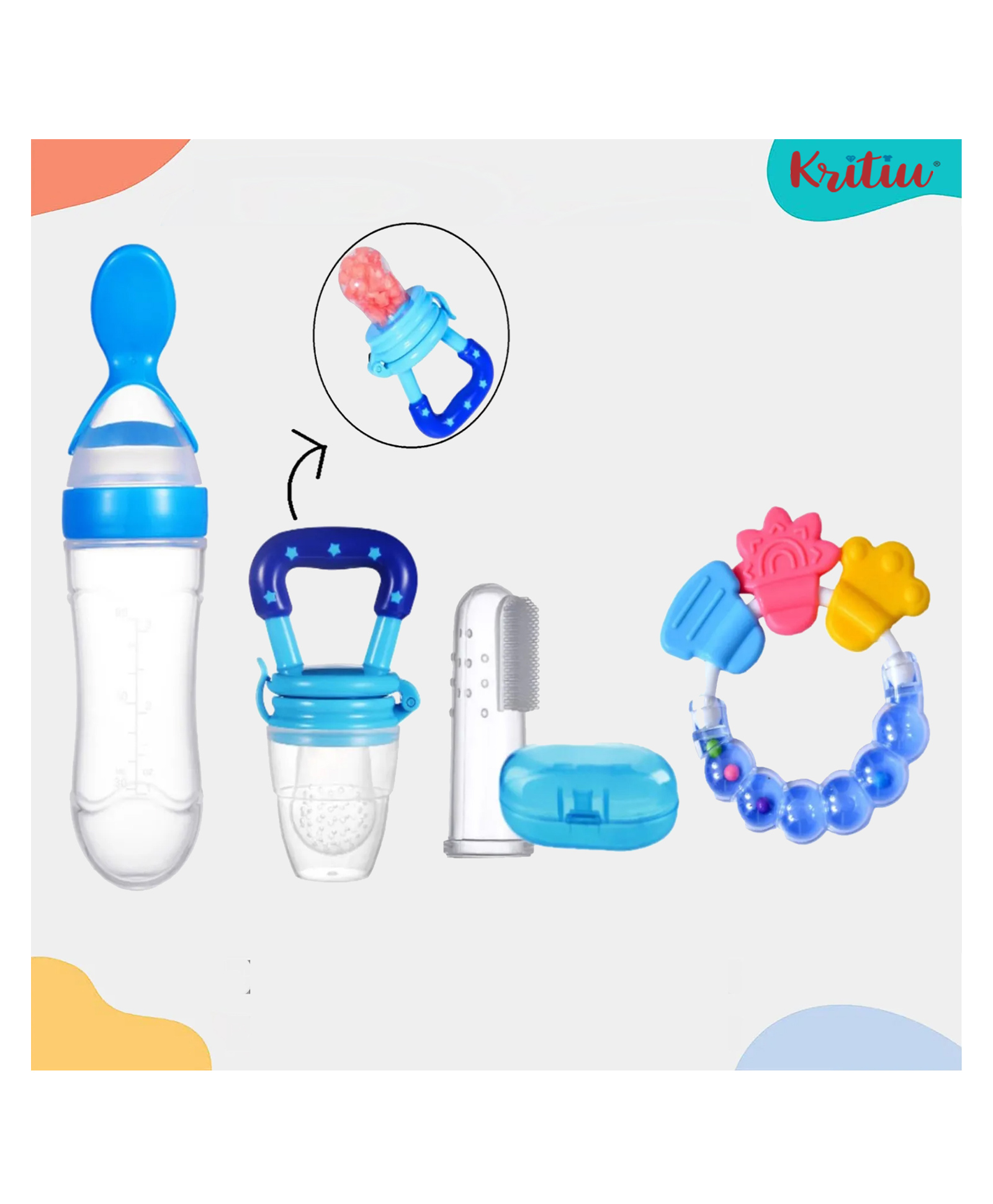 Kritiu Baby Silicone Squeezy Food Feeder Bottle With Spoon Rattle Teether Soft Silicone Finger Toothbrush and Silicone Rattle Fruit And Food Nibbler -(Pack of 4) Blue-picture-46