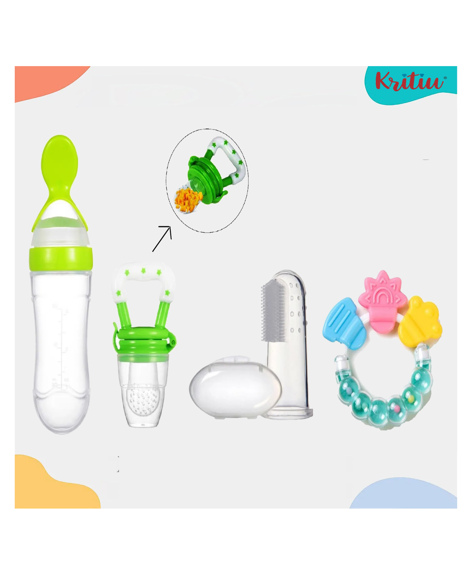 Kritiu Baby Silicone Squeezy Food Feeder Bottle With Spoon Rattle Teether Soft Silicone Finger Toothbrush and Silicone Rattle Fruit And Food Nibbler -(Pack of 4) Green-picture-0