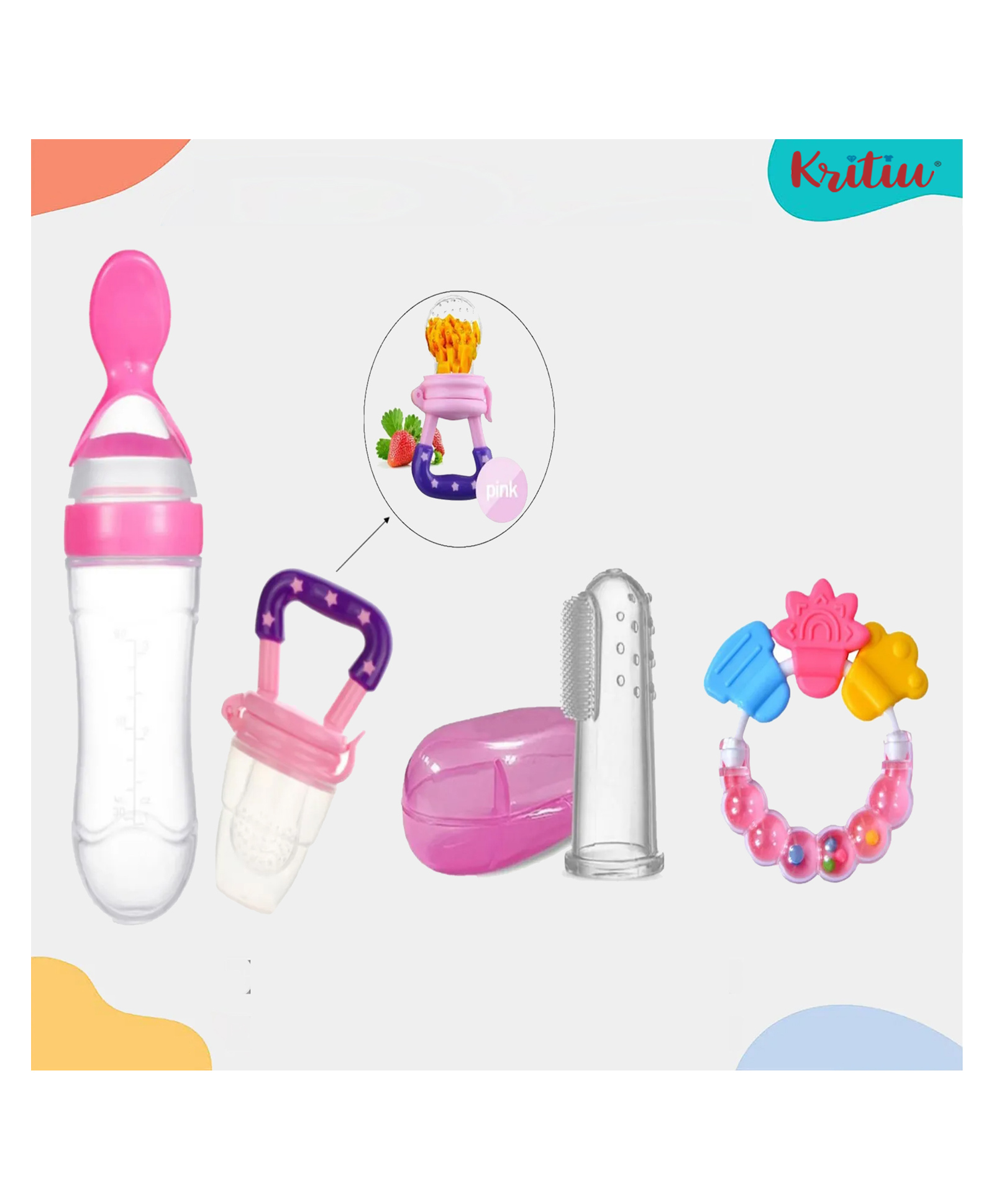 Kritiu Baby Silicone Squeezy Food Feeder Bottle With Spoon Rattle Teether Soft Silicone Finger Toothbrush and Silicone Rattle Fruit And Food Nibbler -(Pack of 4) Pink-picture-6