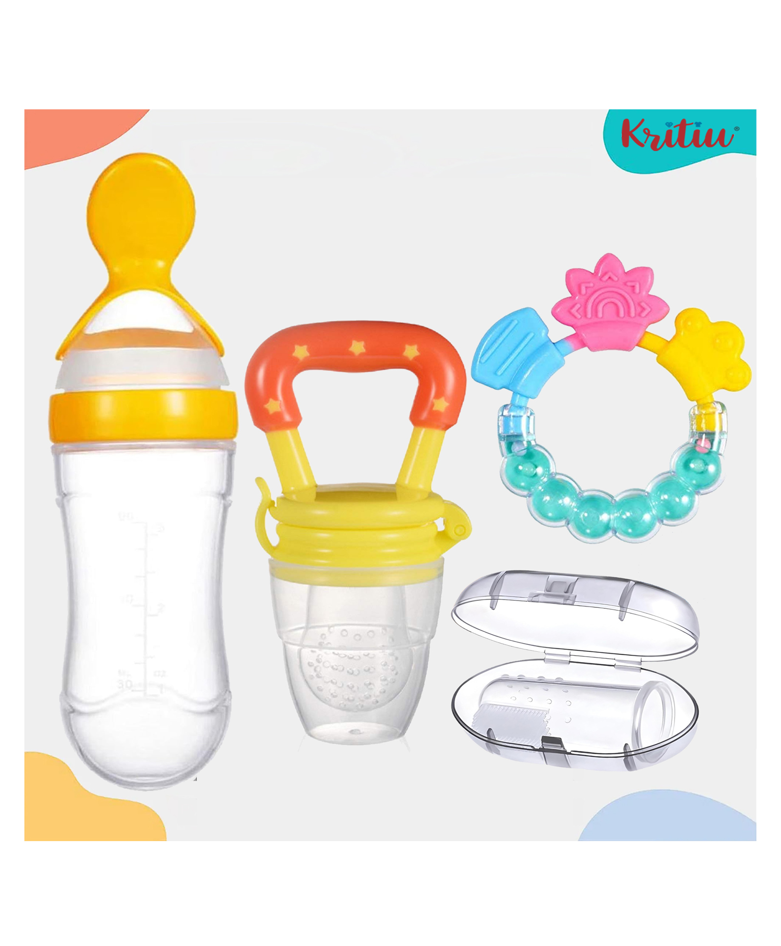 Kritiu Baby of Silicone Squeezy Food Feeder Bottle With Spoon Rattle Teether Soft Silicone Finger Toothbrush and Silicone Rattle Fruit And Food Nibbler -(Pack of 4) Yellow-picture-2