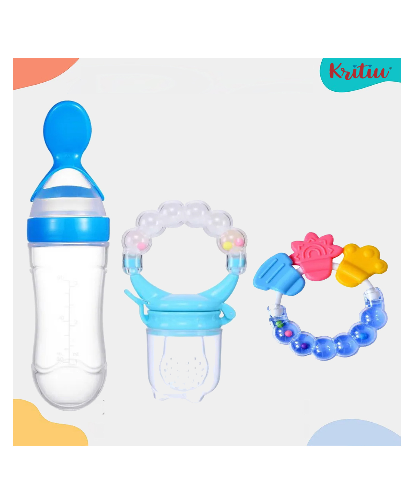 Kritiu Baby Silicone Squeezy Food Feeder Spoon Bottle Rattle Teether and Silicone Fruit & Food Nibbler -(Pack of 3)- Blue-picture-31