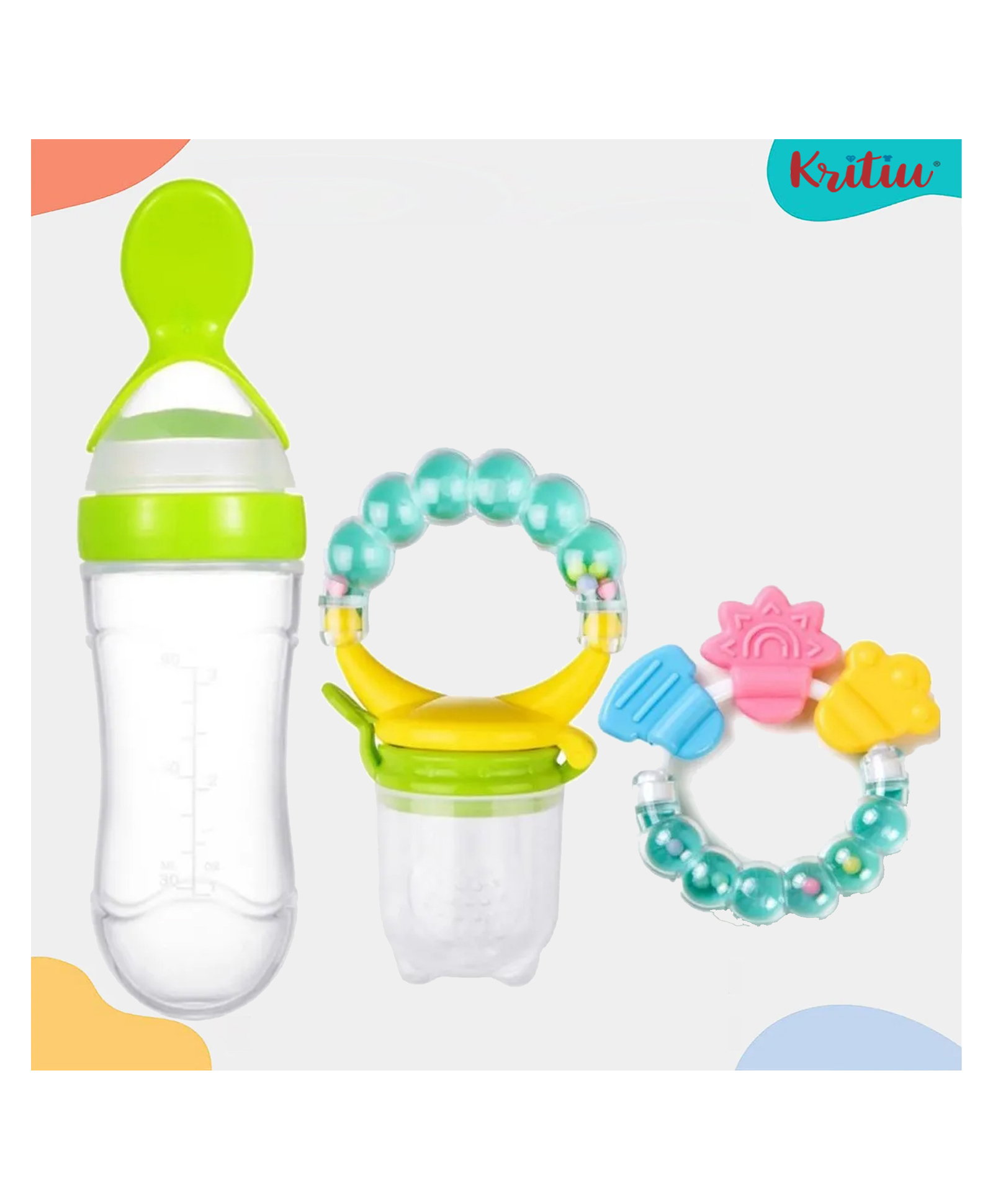Kritiu Baby Silicone Squeezy Food Feeder Spoon Bottle Rattle Teether and Silicone Fruit & Food Nibbler -(Pack of 3)- Green-picture-35