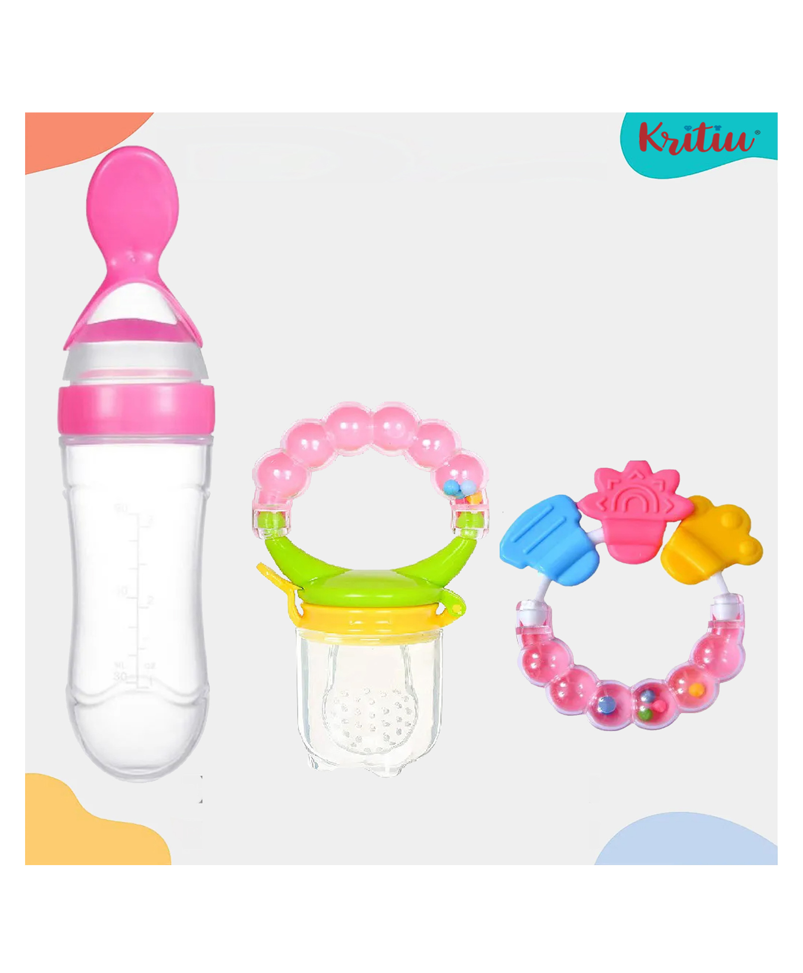 Kritiu Baby Silicone Squeezy Food Feeder Spoon Bottle Rattle Teether and Silicone Fruit & Food Nibbler -(Pack of 3)- Pink-picture-36