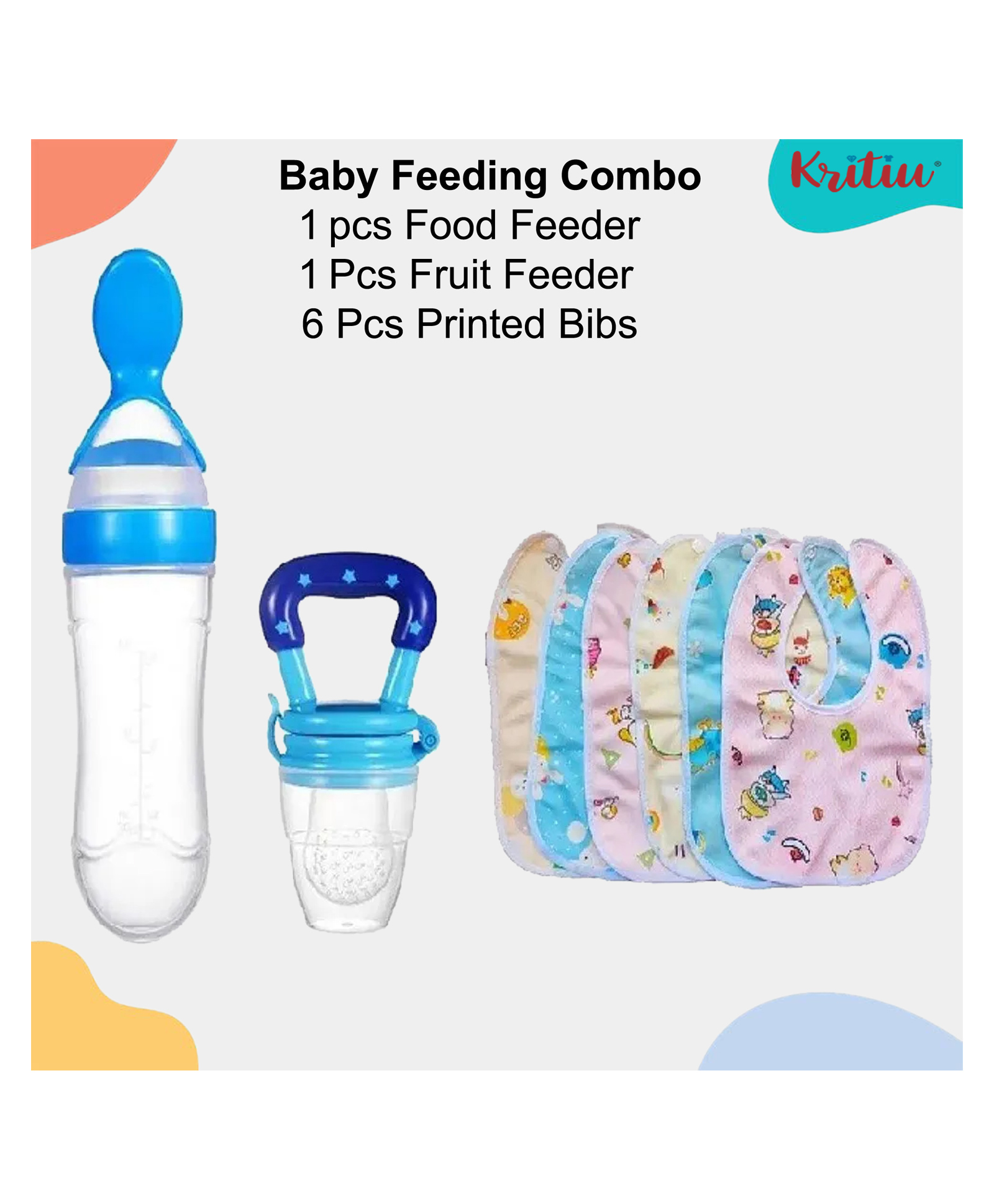 Kritiu Baby Feeding Set 1 Food Feeder 1 Fruit Nibbler With 6 cotton Waterproof Bibs -(Pack of-8) Blue-picture-29