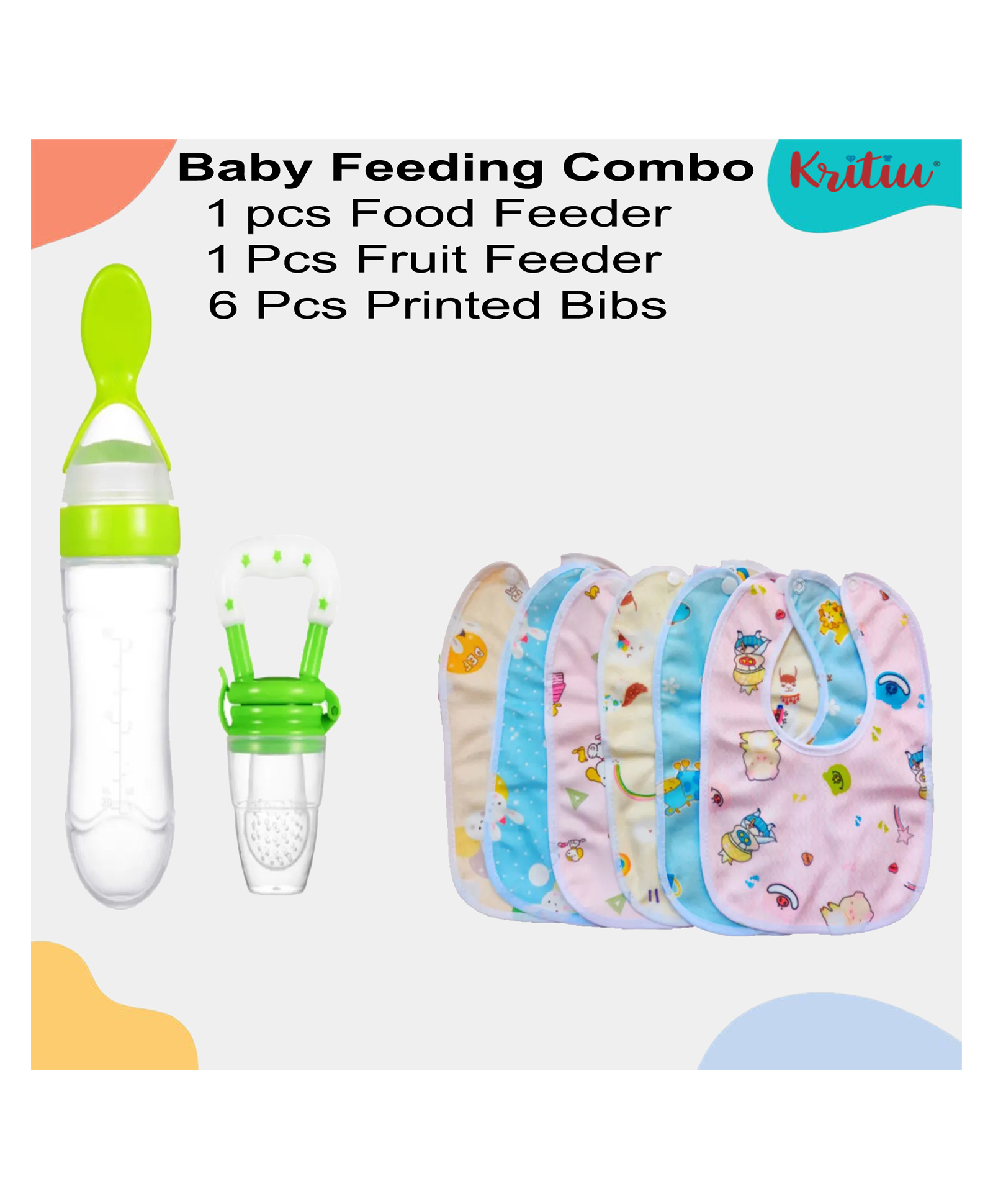 Kritiu Baby Feeding Set 1 Food Feeder 1 Fruit Nibbler With 6 cotton Waterproof Bibs -(Pack of-8) Green-picture-33