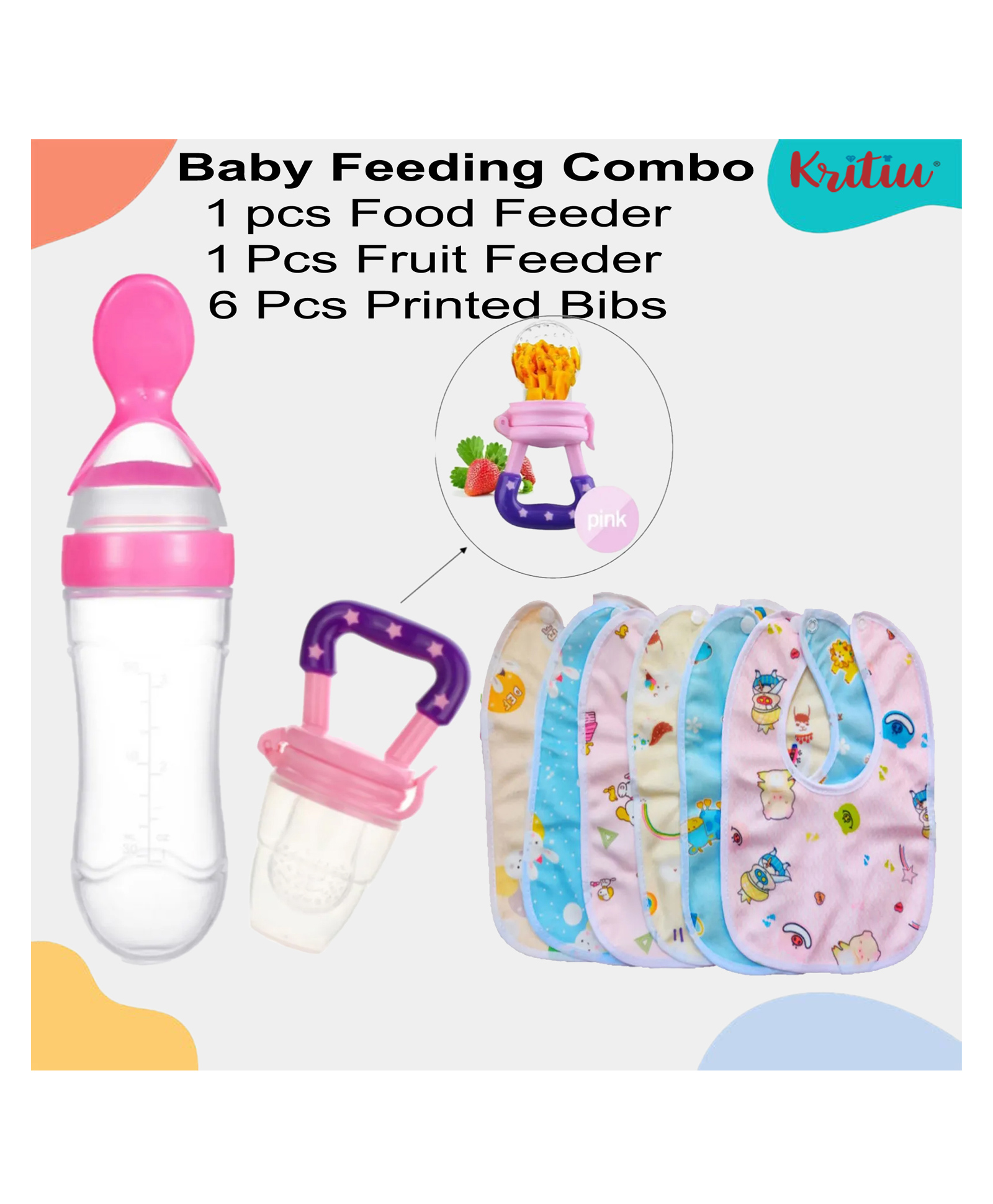 Kritiu Baby Feeding Set 1 Food Feeder 1 Fruit Nibbler With 6 cotton Waterproof Bibs -(Pack of-8) Pink-picture-38