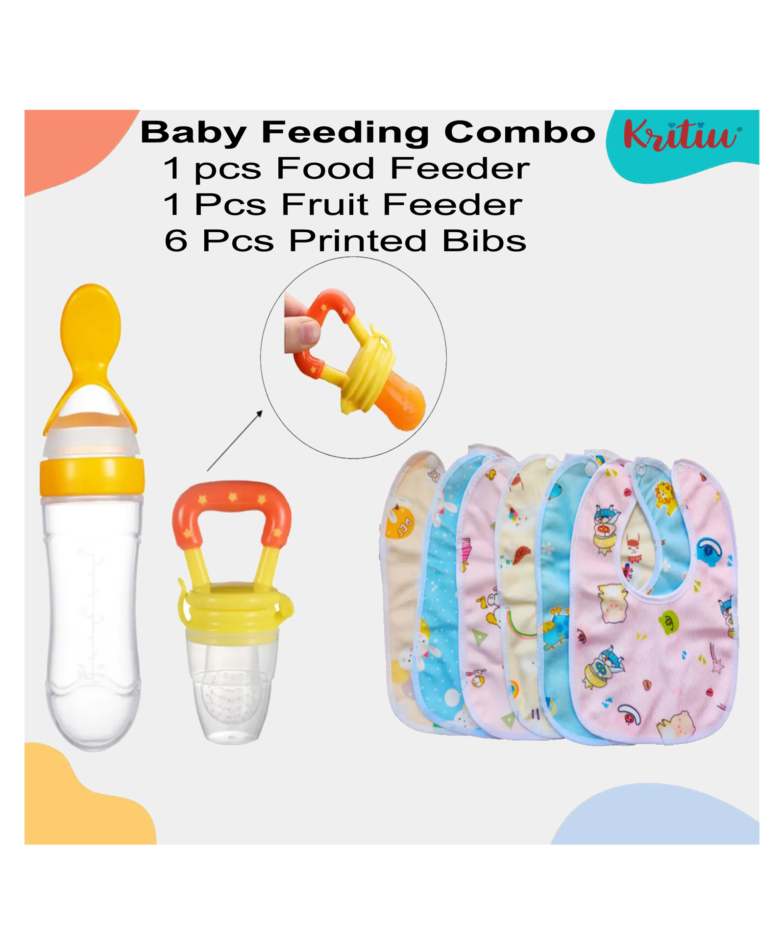 Kritiu Baby Feeding Set 1 Food Feeder 1 Fruit Nibbler With 6 cotton Waterproof Bibs -(Pack of-8) Yellow-picture-37