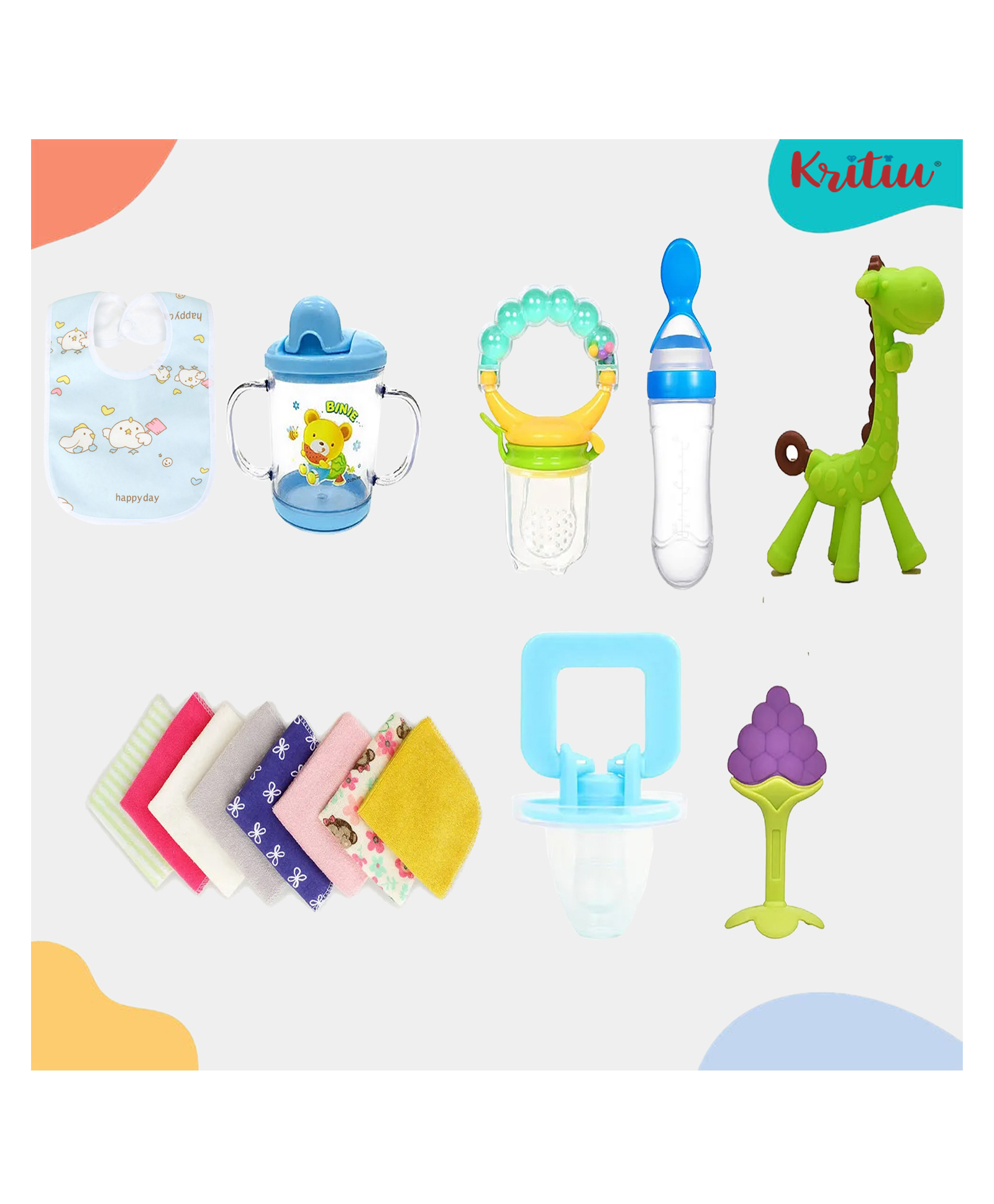 Kritiu Baby Feeding Essential Combo 1 Giraffe Teether 1 Food Feeder 1 Sippy Cup 1 Fruit Nibbler 1 Pacifier 1 Fruit Shape Teether 1 Pcs Bib With Hanky-(Pack of 8)-image-13