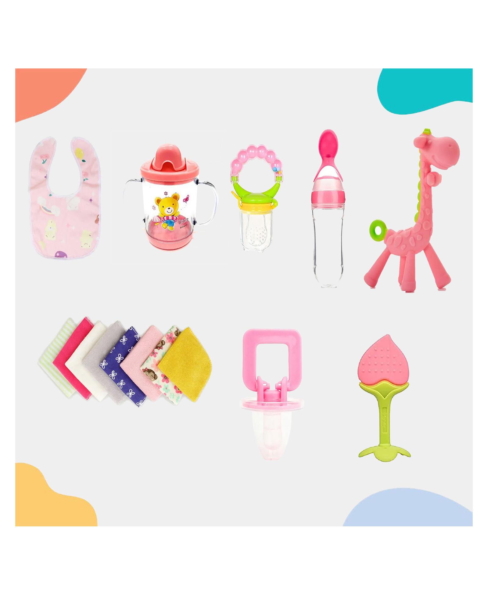Kritiu Baby Feeding Essential Combo 1 Giraffe Teether 1 Food Feeder 1 Sippy Cup 1 Fruit Nibbler 1 Pacifier 1 Fruit Shape Teether 1 Pcs Bib With Hanky-(Pack of 8)-picture-39