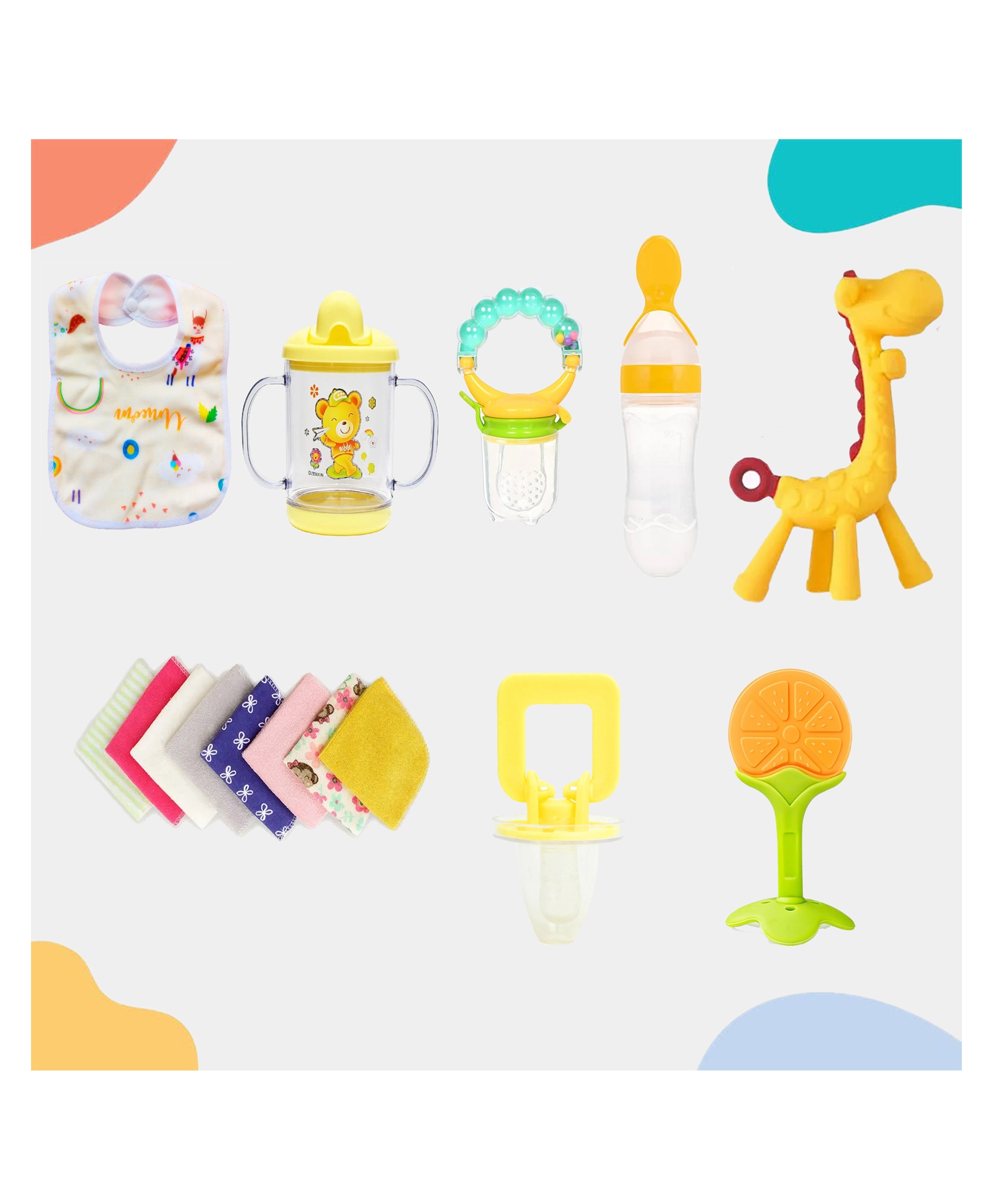 Kritiu Baby Feeding Essential Combo 1 Giraffe Teether 1 Food Feeder 1 Sippy Cup 1 Fruit Nibbler 1 Pacifier 1 Fruit Shape Teether 1 Pcs Bib With Hanky-(Pack of 8)-picture-32