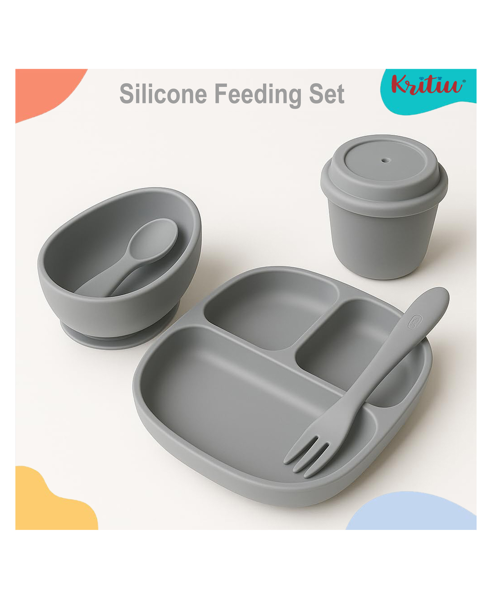 Kritiu 5 Pcs Silicone Baby Feeding Set, BPA Free & Microwave Safe Dinner Tableware Kit - Feeding Bowl, Suction Plate, Tumbler, Spoon & Fork for Kids, Toddler - Grey-image-37