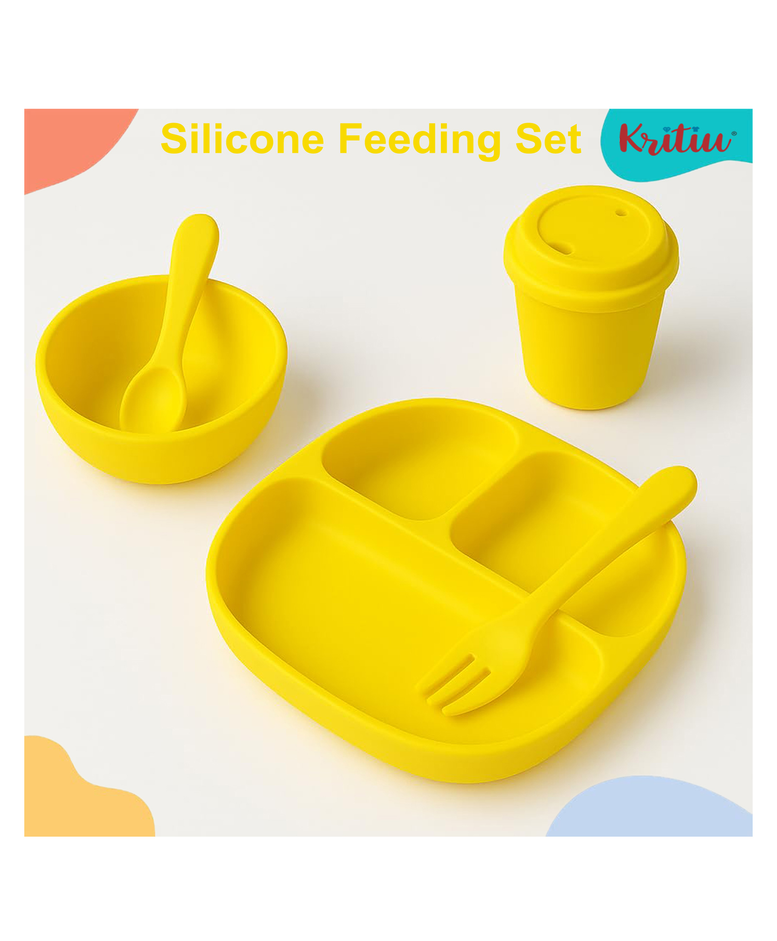 Kritiu 5 Pcs Silicone Baby Feeding Set, BPA Free & Microwave Safe Dinner Tableware Kit - Feeding Bowl, Suction Plate, Tumbler, Spoon & Fork for Kids, Toddler - Yellow-image-11