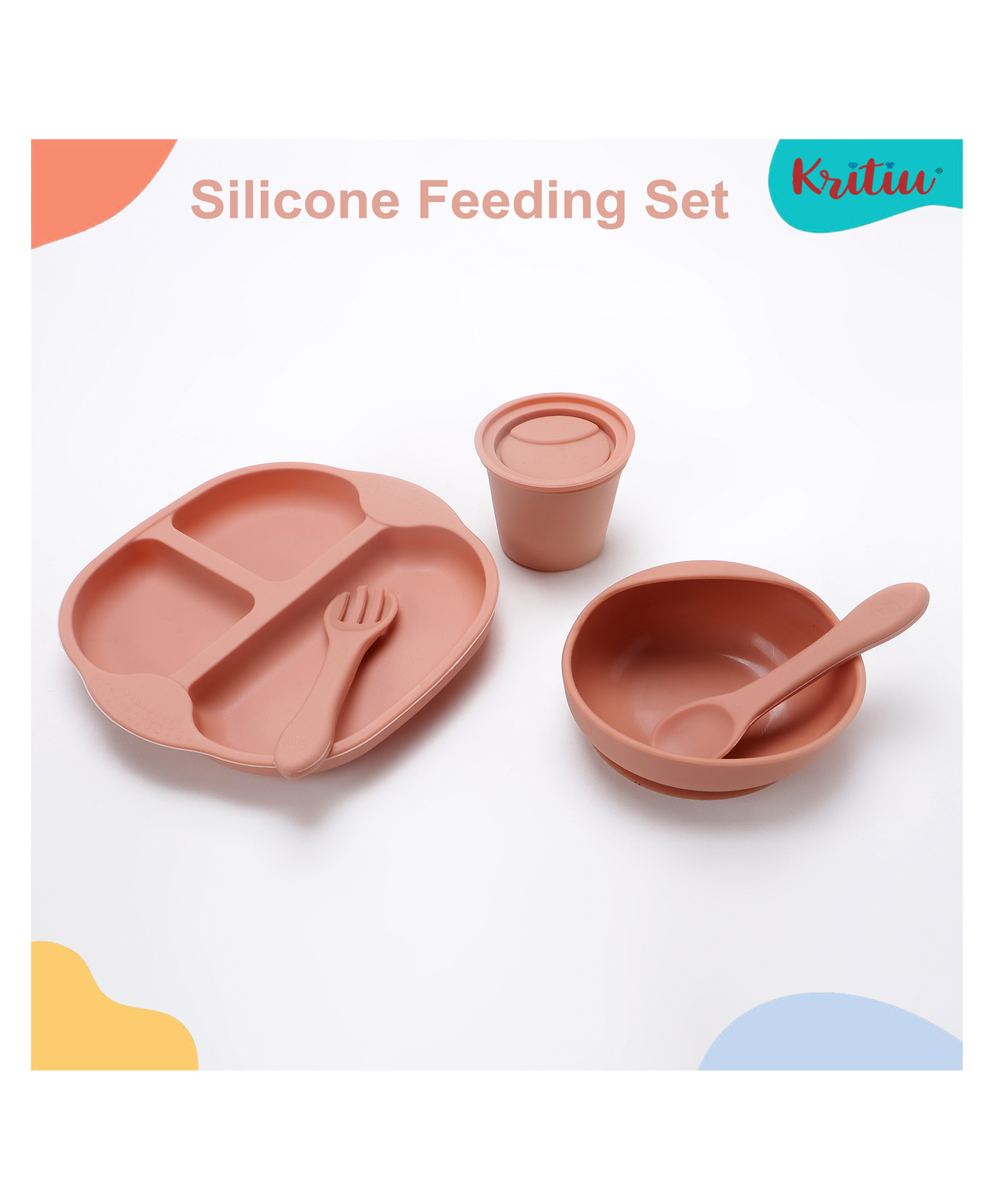 Kritiu 5 Pcs Silicone Baby Feeding Set, BPA Free & Microwave Safe Dinner Tableware Kit - Feeding Bowl, Suction Plate, Tumbler, Spoon & Fork for Kids, Toddler - Pink-picture-34