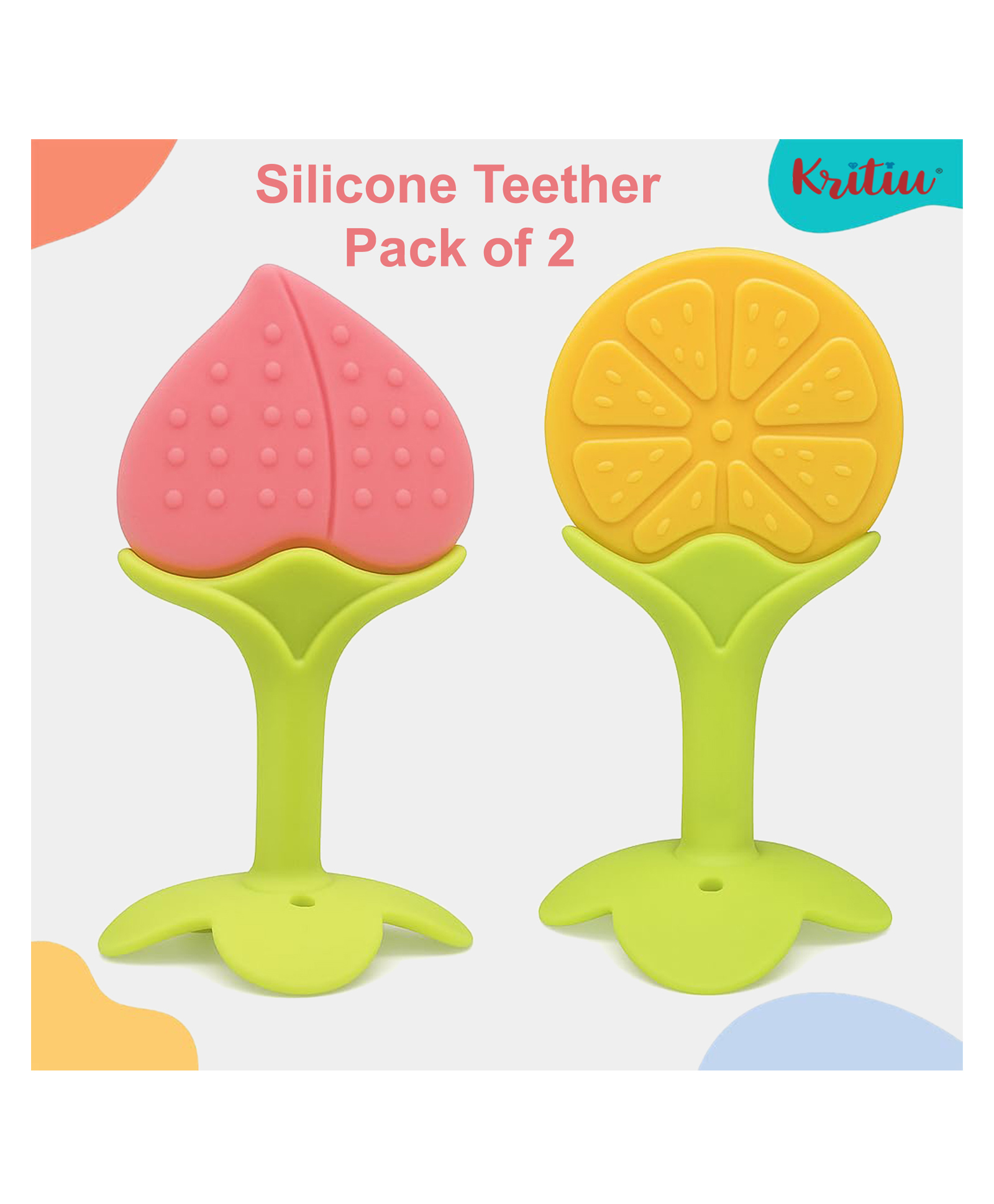 Kritiu Silicone Fruit Shape Stand Teethers- (Pack of 2)- Peach,Yellow-image-42