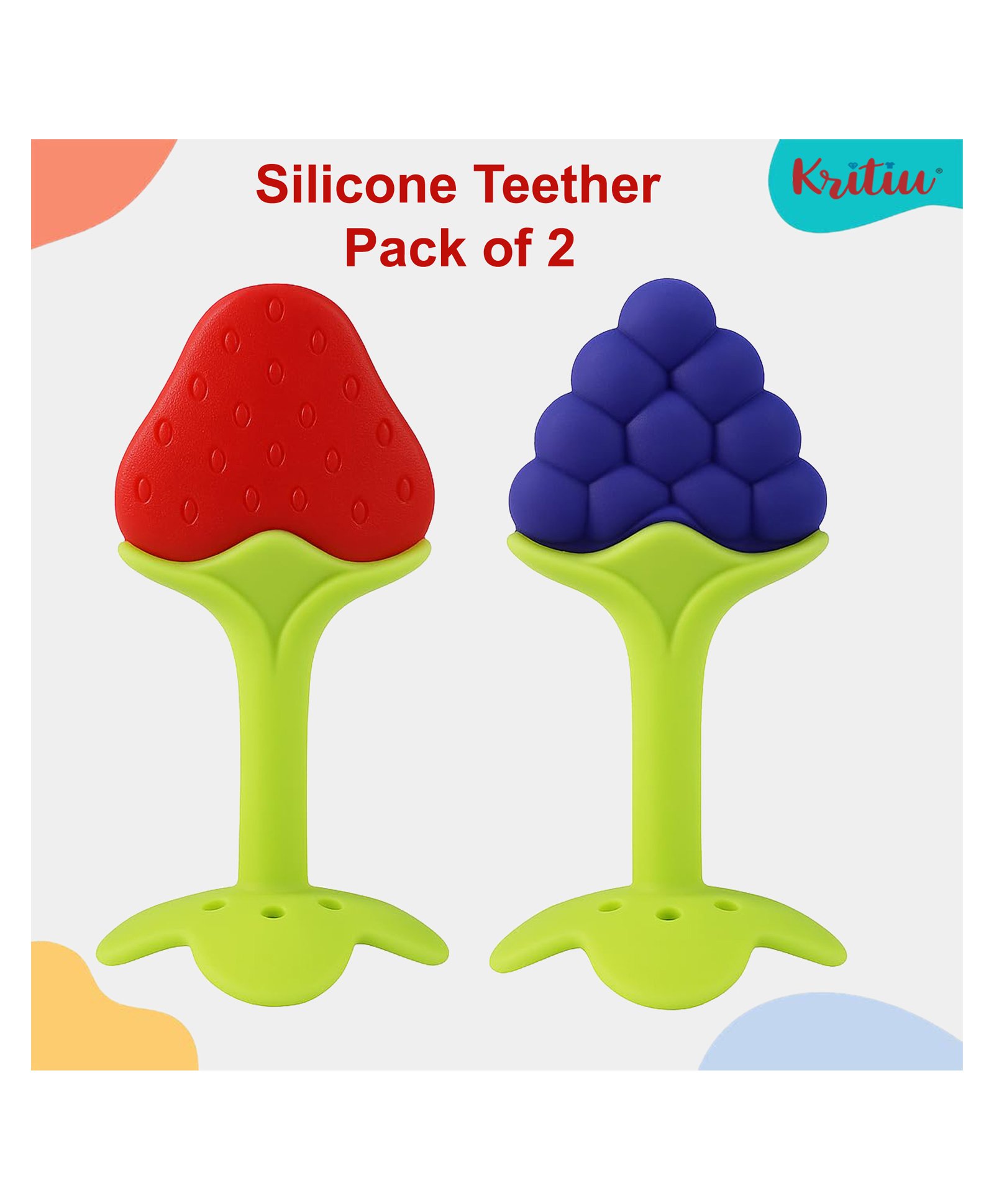 Kritiu Silicone Fruit Shape Stand Teethers (Pack of 2)- Red,Blue-picture-26