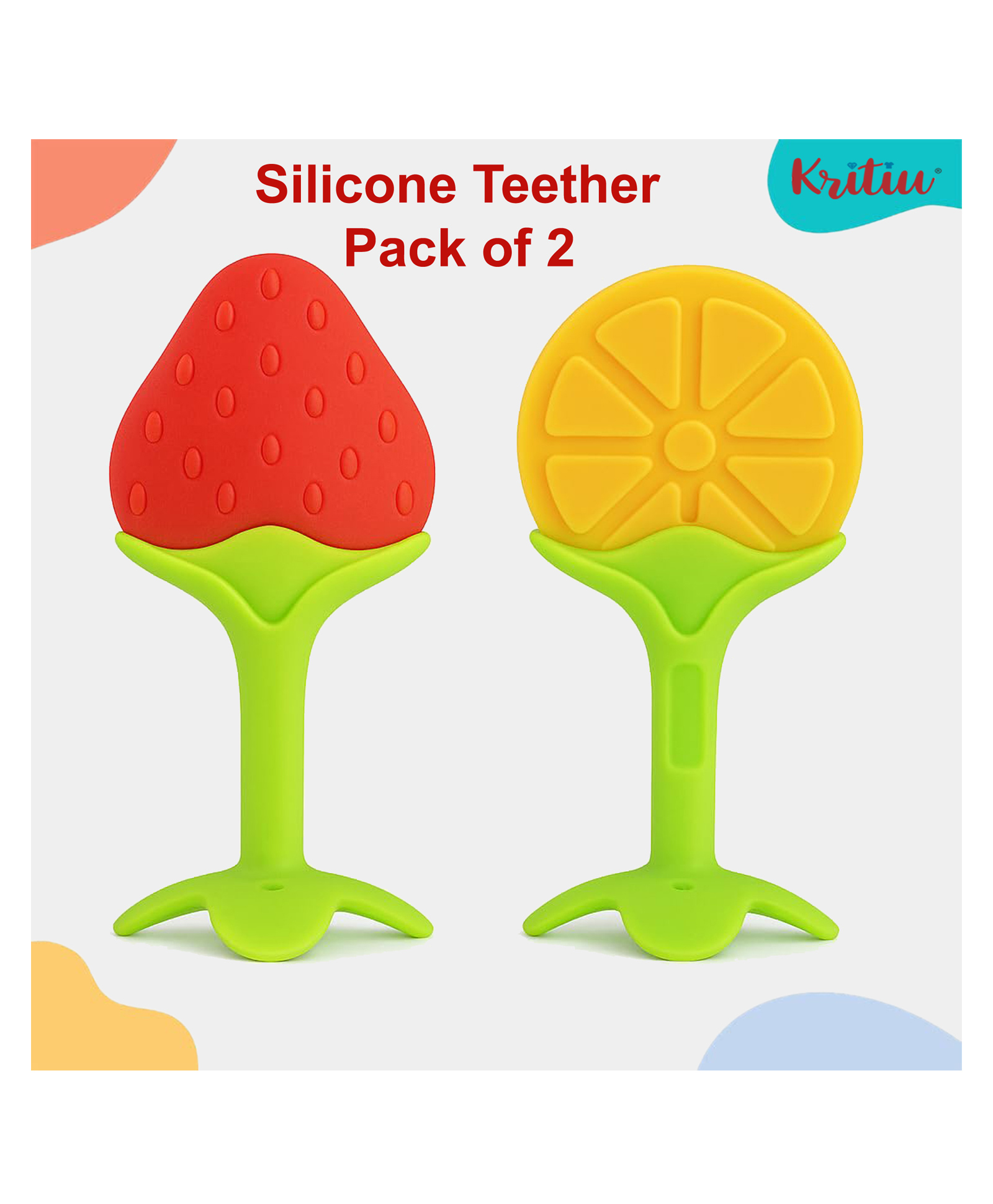 Kritiu Silicone Fruit Shape Teethers (Pack of 2)- Red,Yellow-image-38