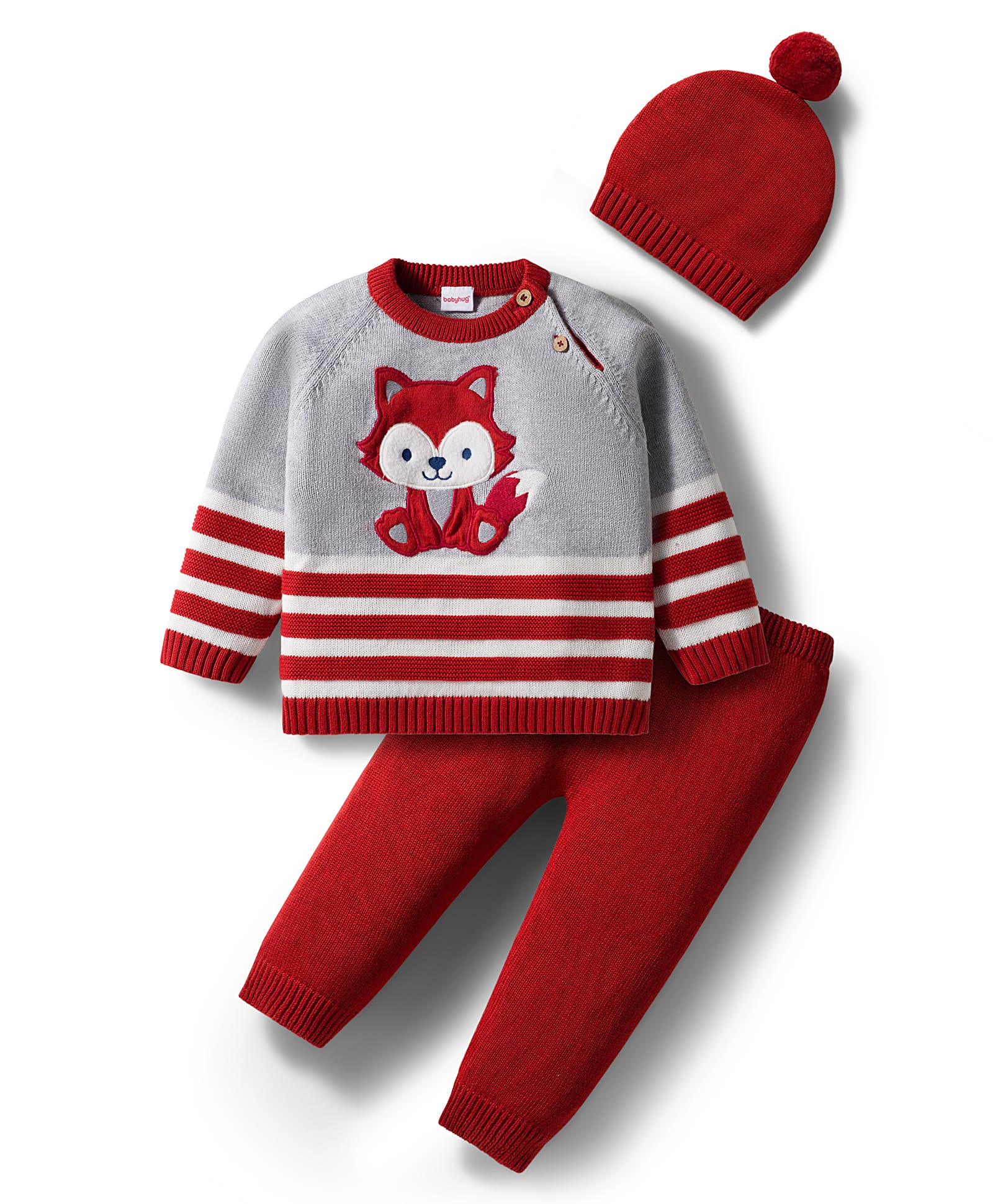 Babyhug Organic Cotton Knit Full Raglan Sleeves Striped Pullover Sweater Set with Cap & Fox Patch Detailing - Rust Orange-image-32