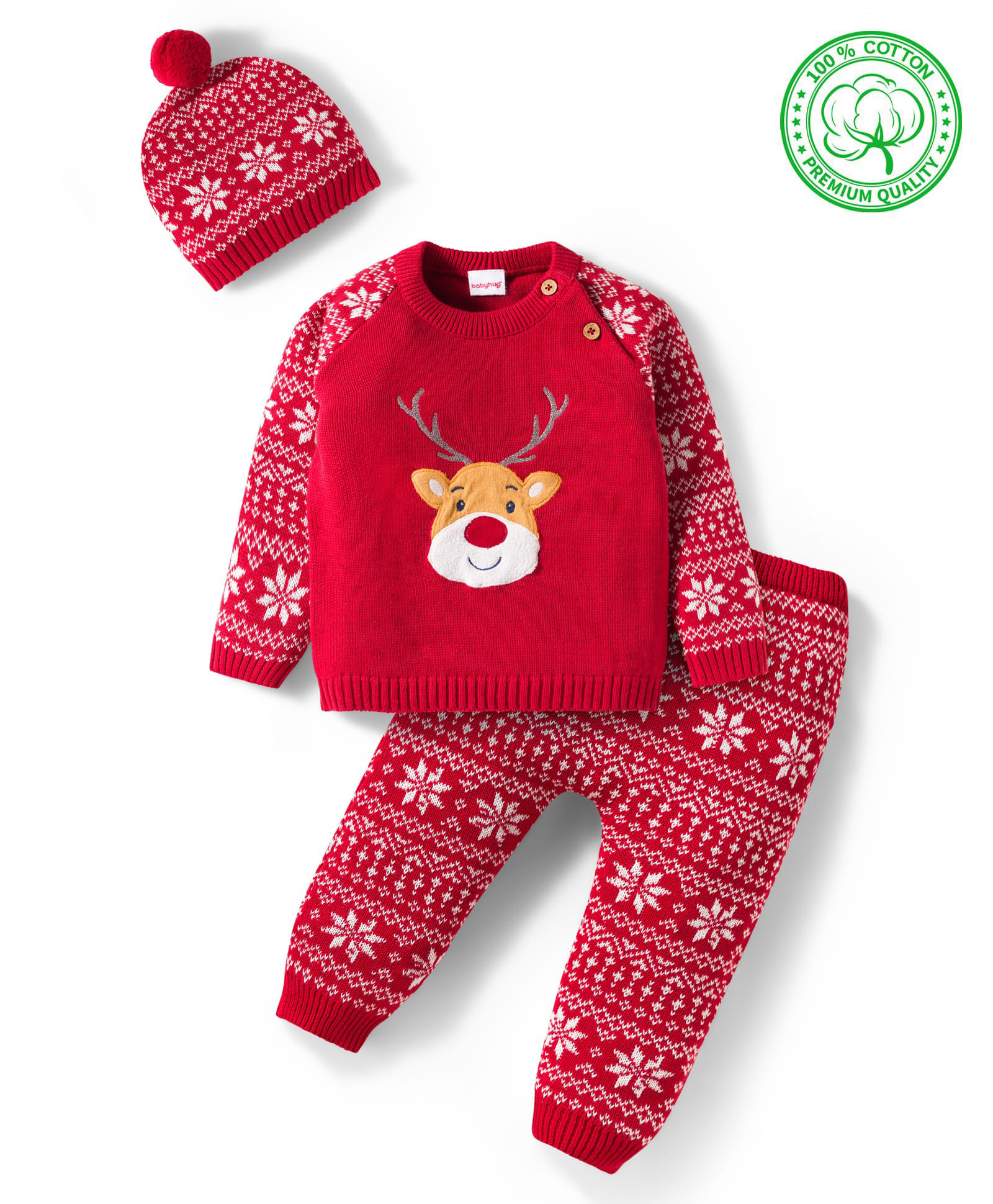 Babyhug Organic Cotton Knit Full Raglan Sleeves Sweater Set with Cap Reindeer Patch & Fair Isle Design - Red-image-39