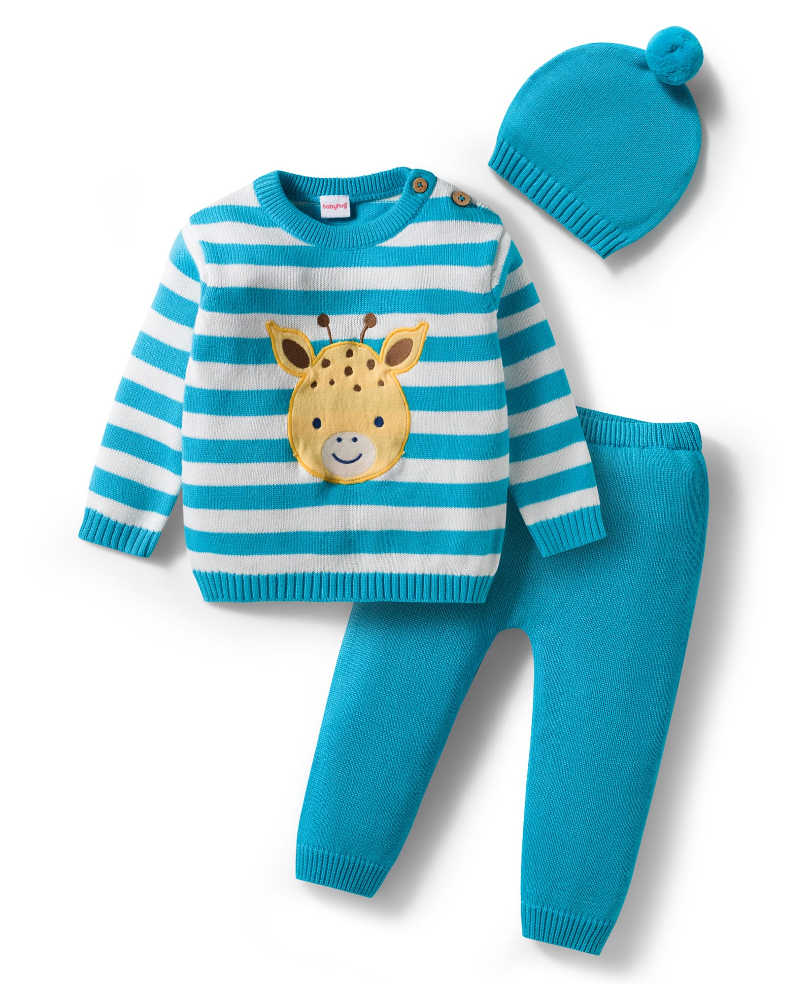 Babyhug Knit Full Sleeves Sweater Set With Animal Embriodery & Cap - Blue-picture-26