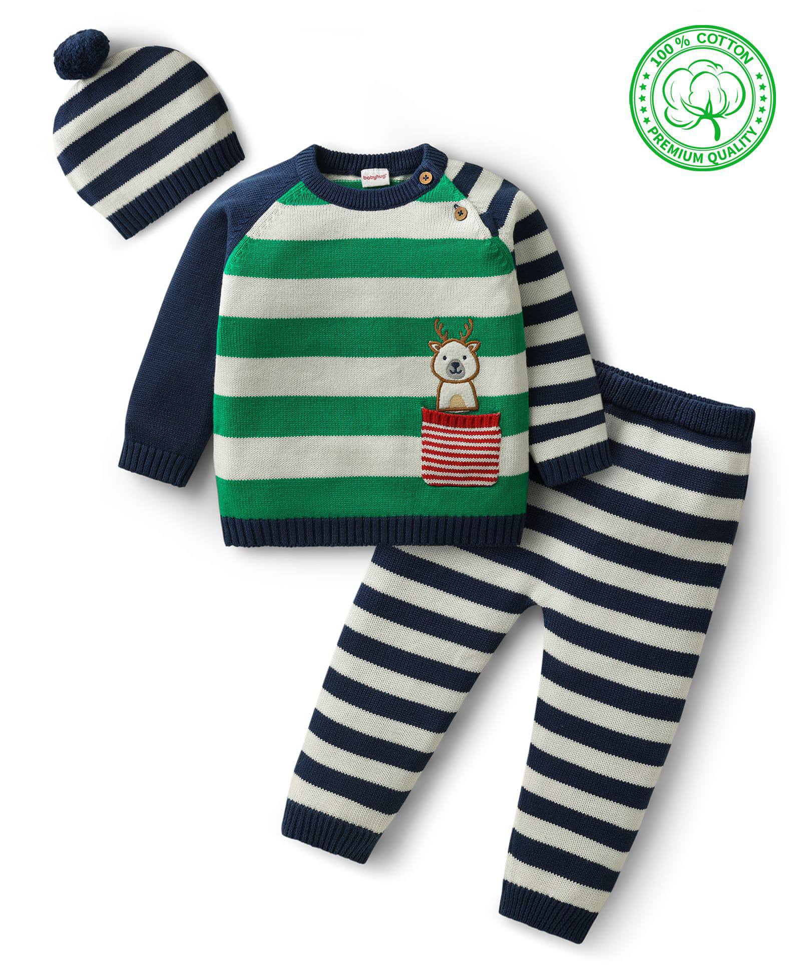 Babyhug Organic Cotton Knit Full Raglan Sleeves Pullover Striped Sweater Set with Cap & Patch Detailing - Navy Blue & Green-image-8