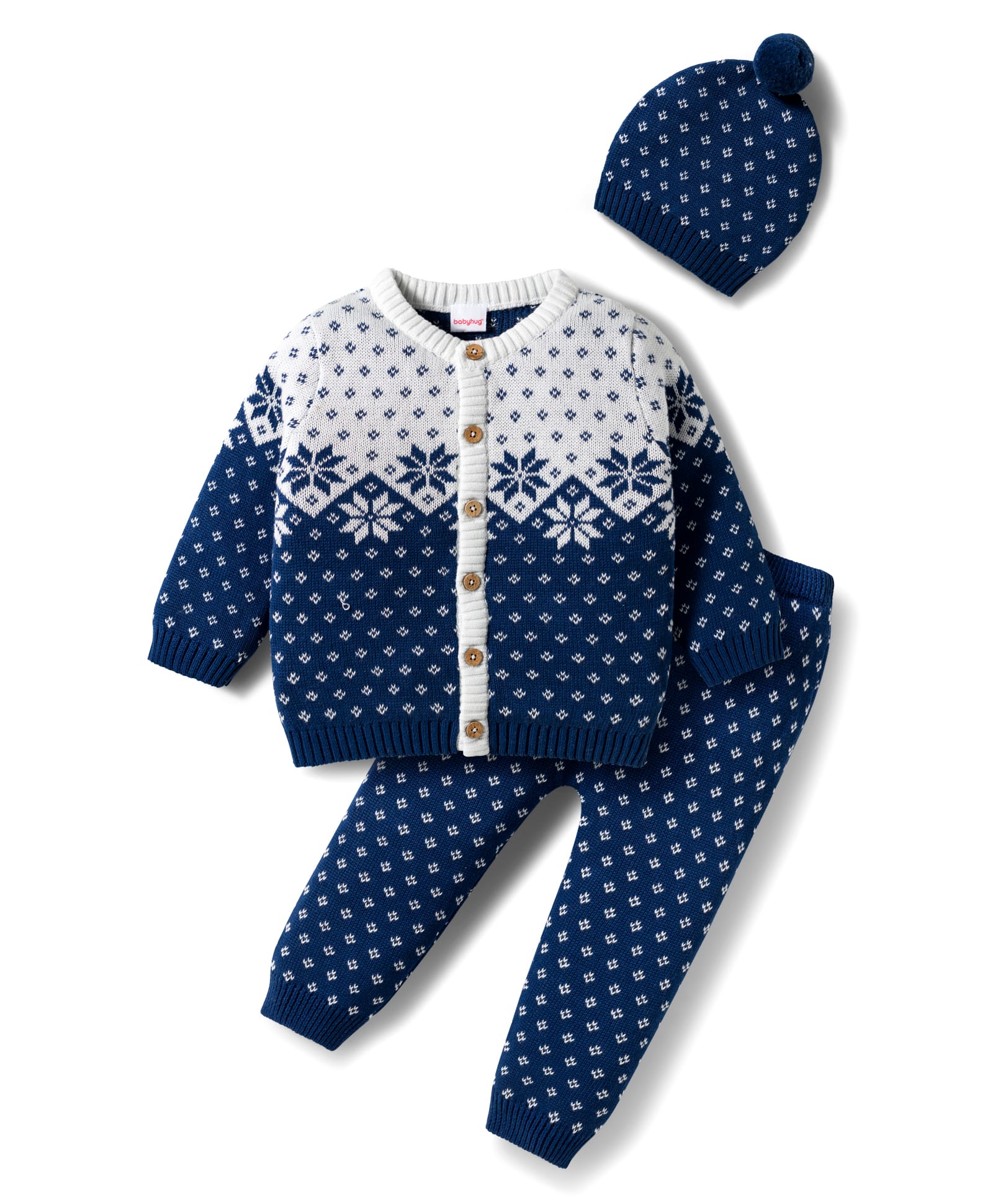 Babyhug Organic Cotton Knitted Full Sleeves Sweater Set With Floral Design & Cap - Navy Blue & White-image-9