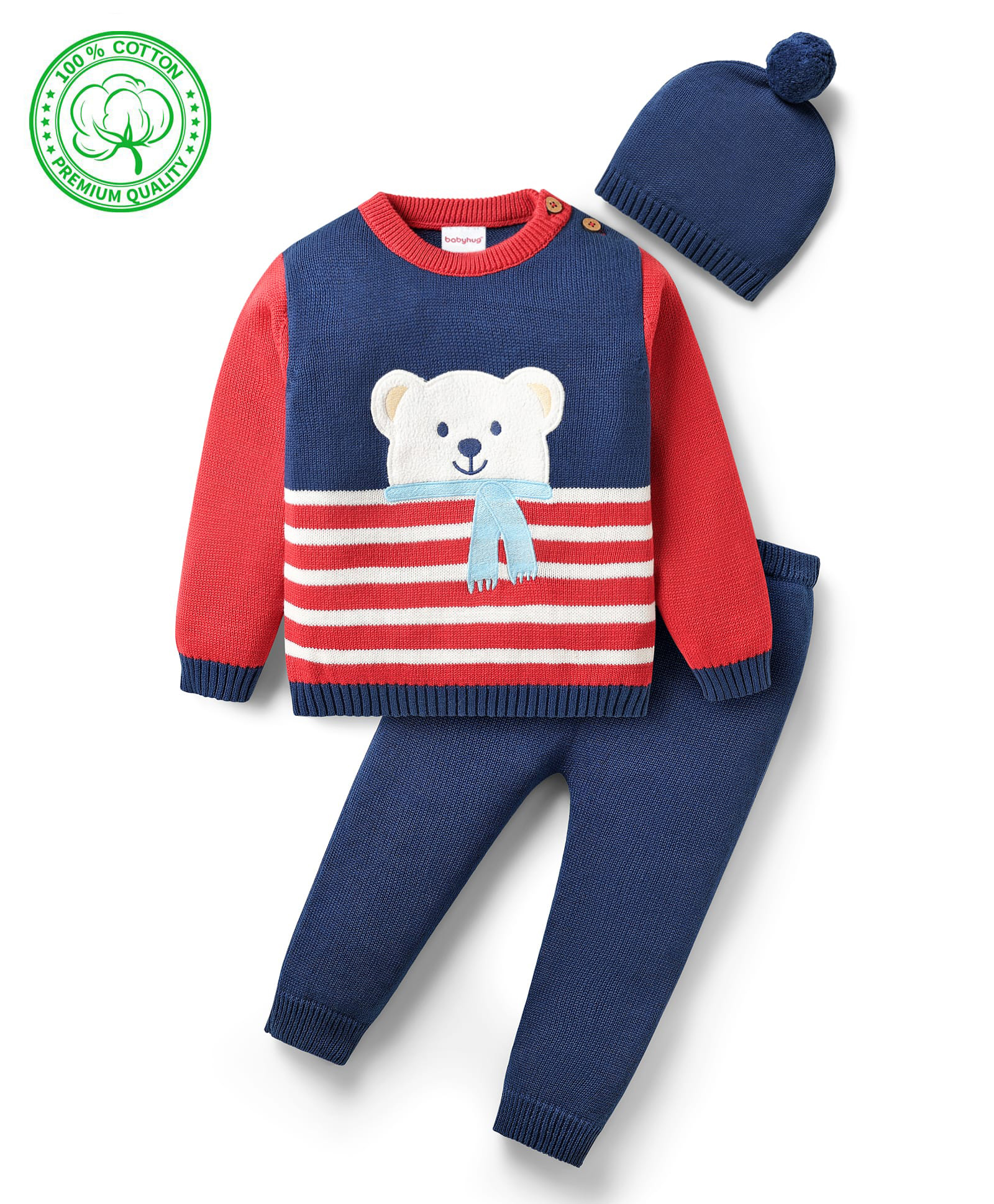 Babyhug Organic Cotton Knit Full Sleeves Sweater Sets with Cap & Panda Design - Red & Navy Blue-image-8