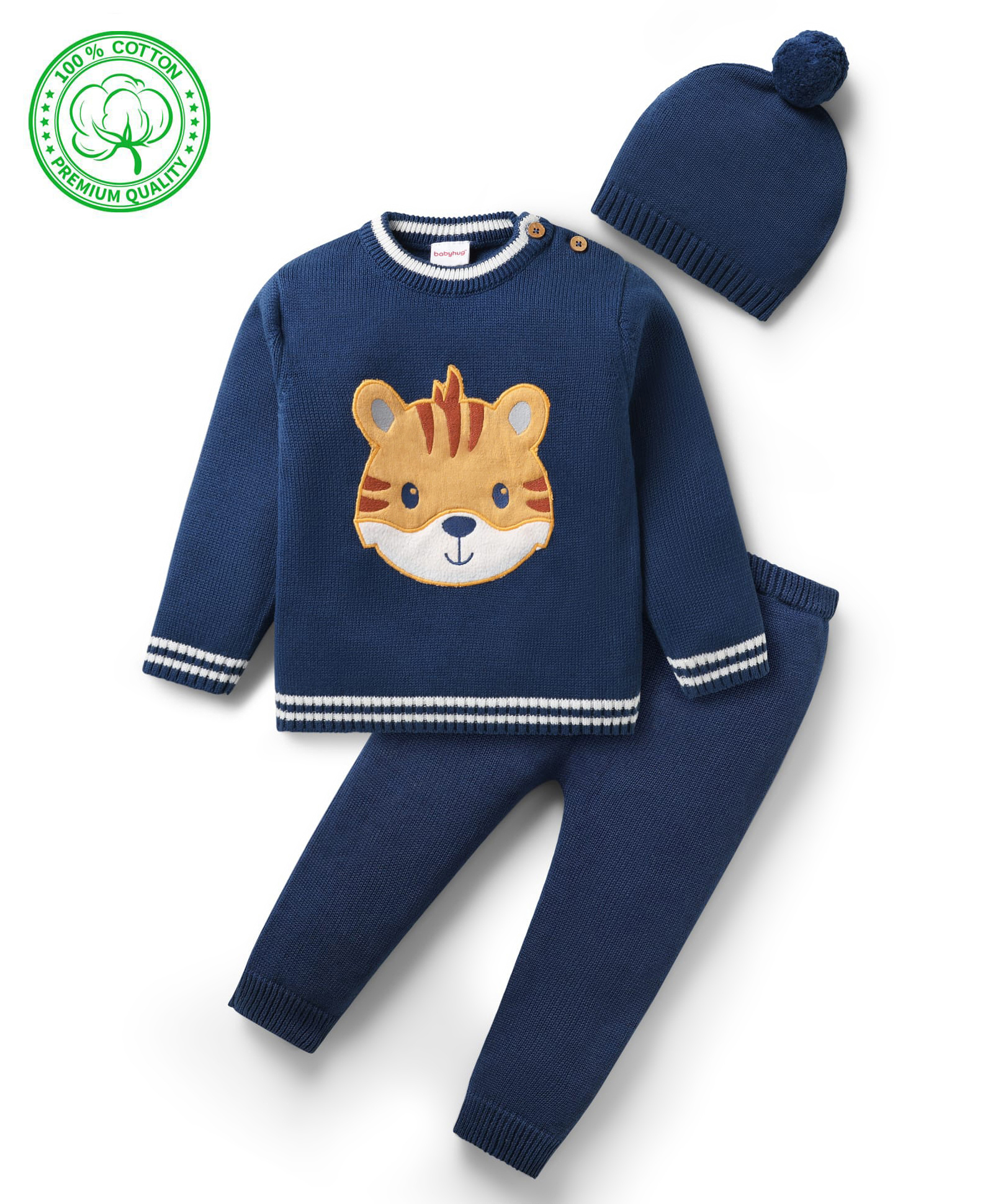 Babyhug Organic Cotton Knit Full Sleeves Sweater Sets with Cap & Tiger Design - Navy Blue-image-47