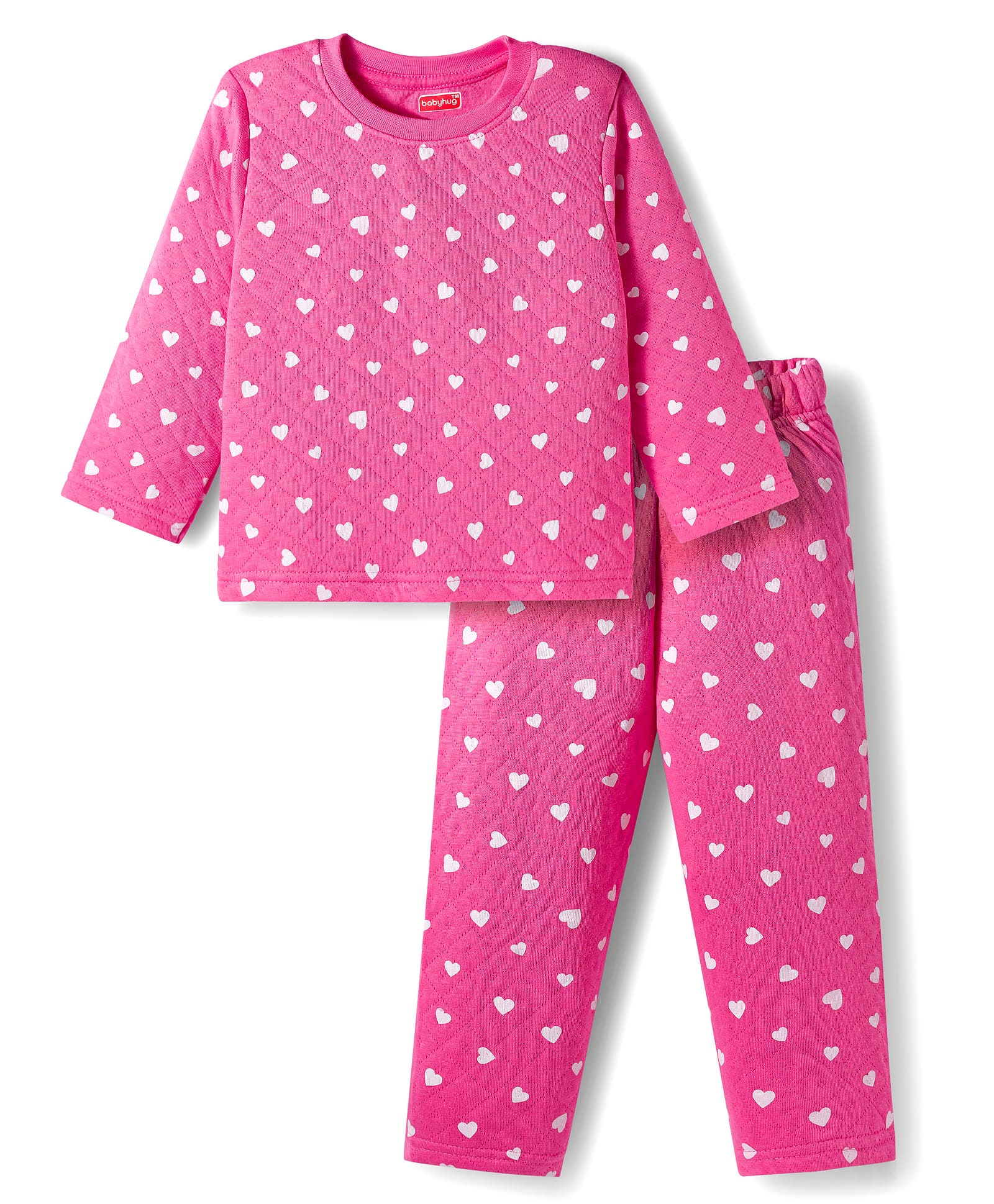 Babyhug Knit Full Sleeves Co-ord Winter Night Suit With Heart Print - Dark Pink-image-33