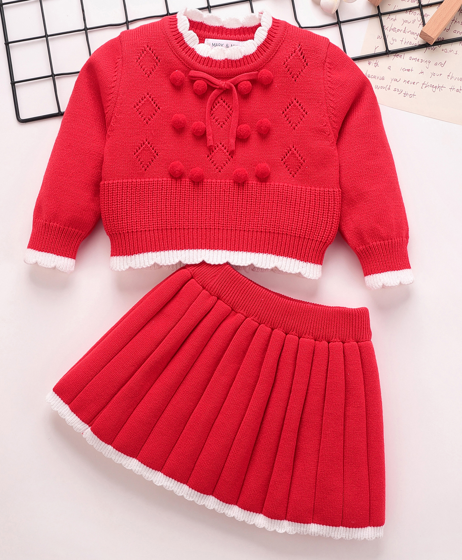 Mark & Mia Viscose Full Sleeves Designed Pullover Sweater & Skirt Set with Bow Applique - Red-image-21