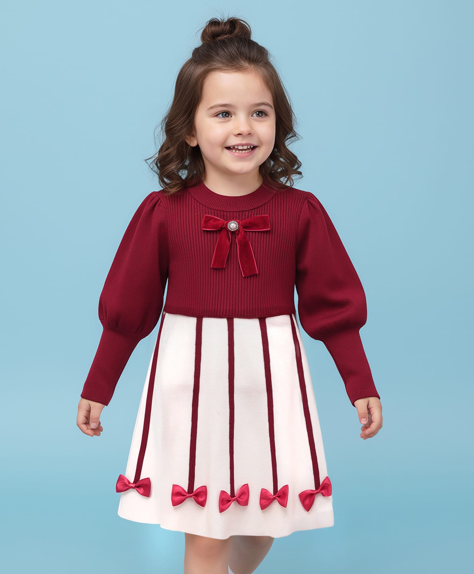 Mark & Mia Viscose Full Sleeves Woolen Dress with Bow Applique - Maroon