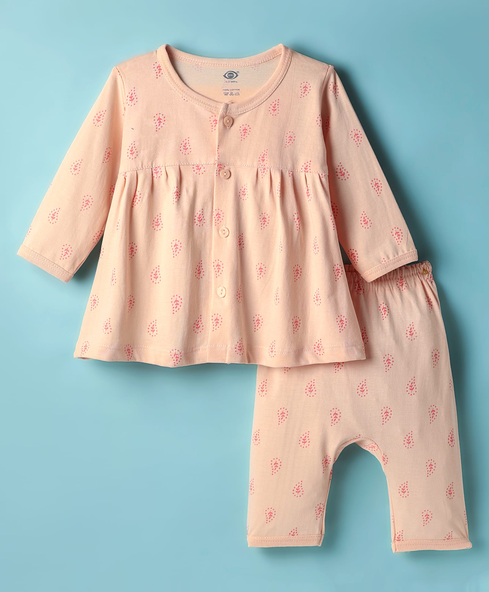 Zero Sinker Knit Full Sleeves Front Open Leaves Printed Co-Ords Night Suit - Peach-picture-17