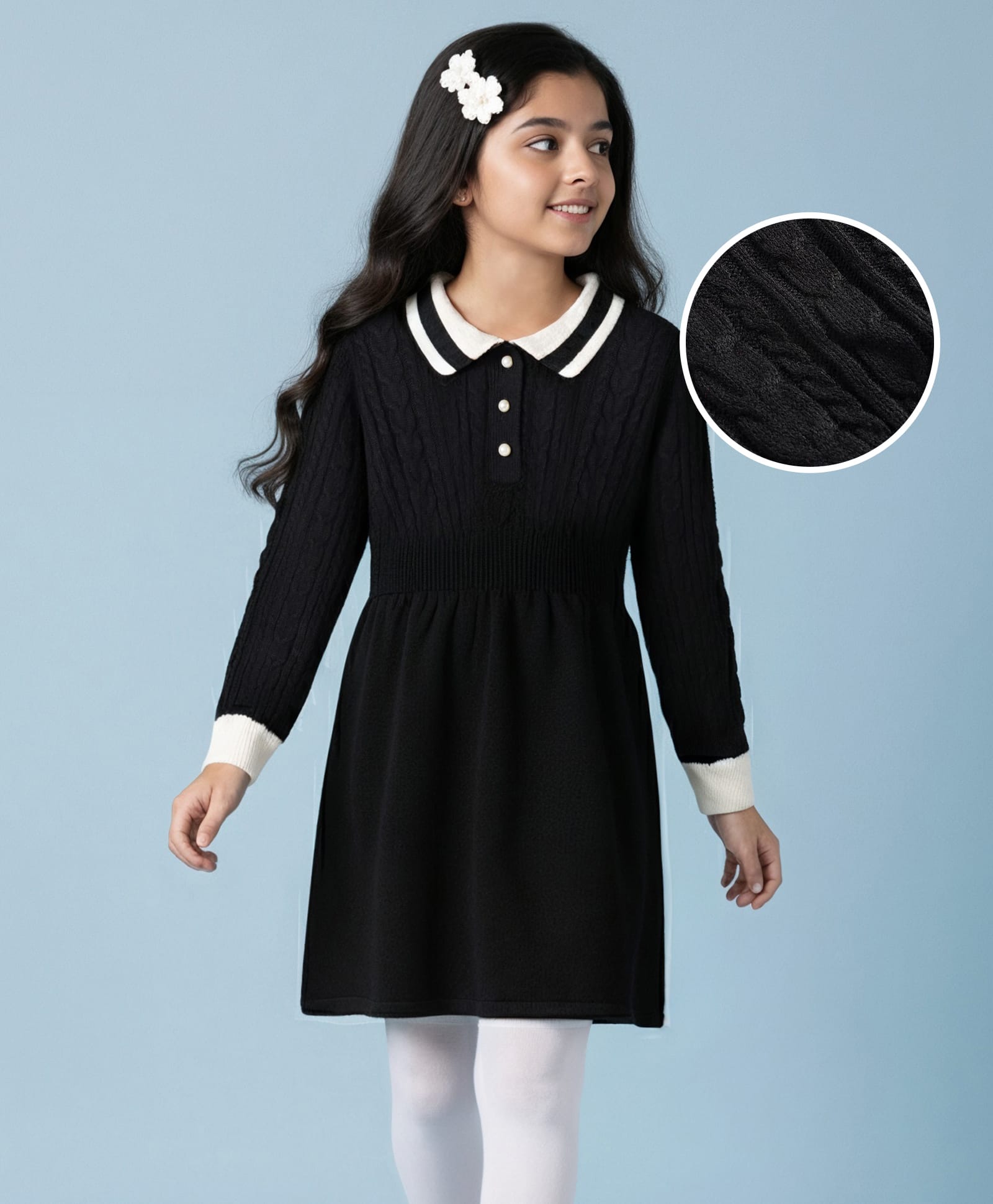 Pine Kids Knit Full Sleeves Woollen Dress With Cable Knit Design - Black & White-picture-27