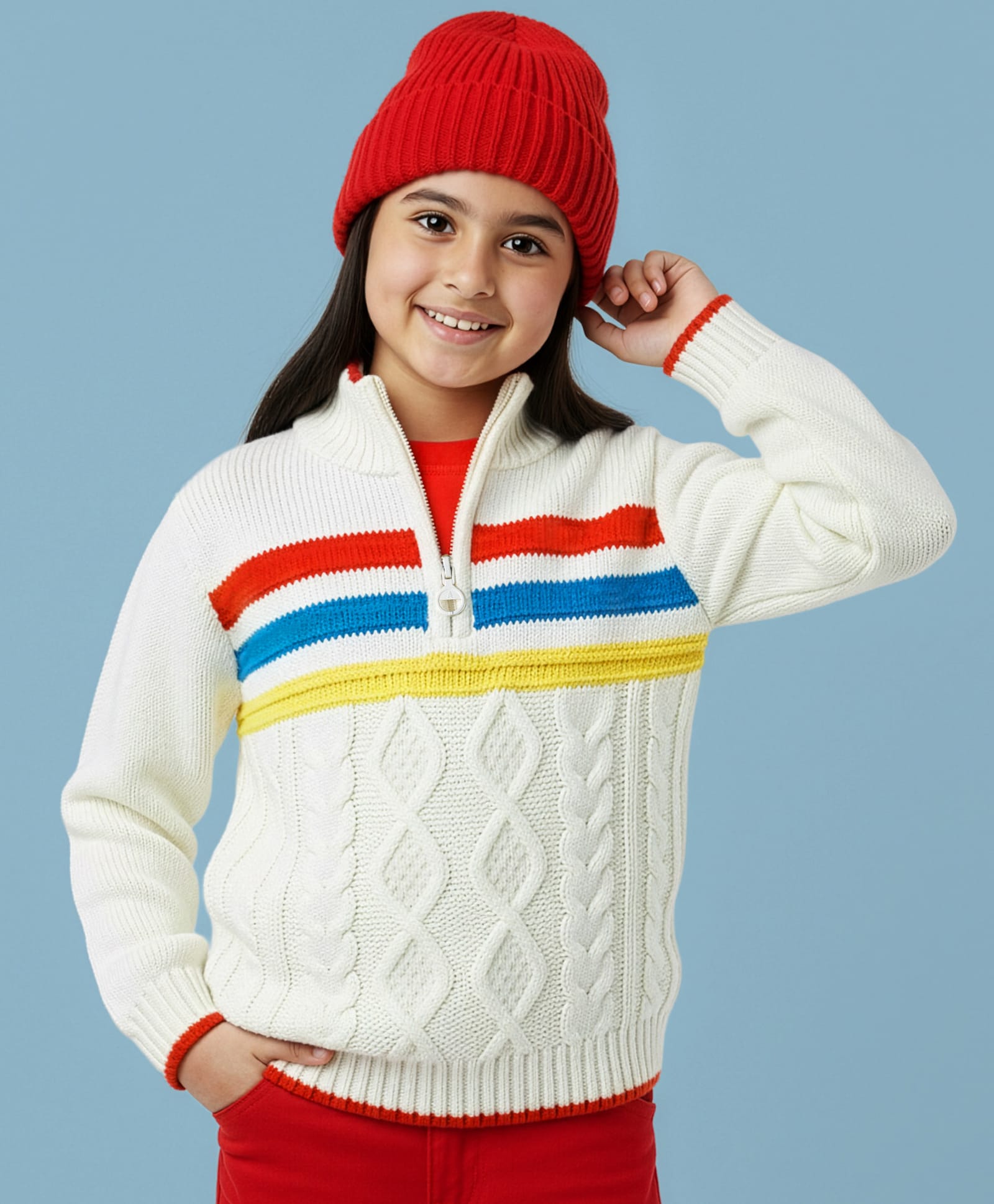 Pine Kids Knitted Full Sleeves Pullover Sweater With Cable Knit Design - White-picture-14