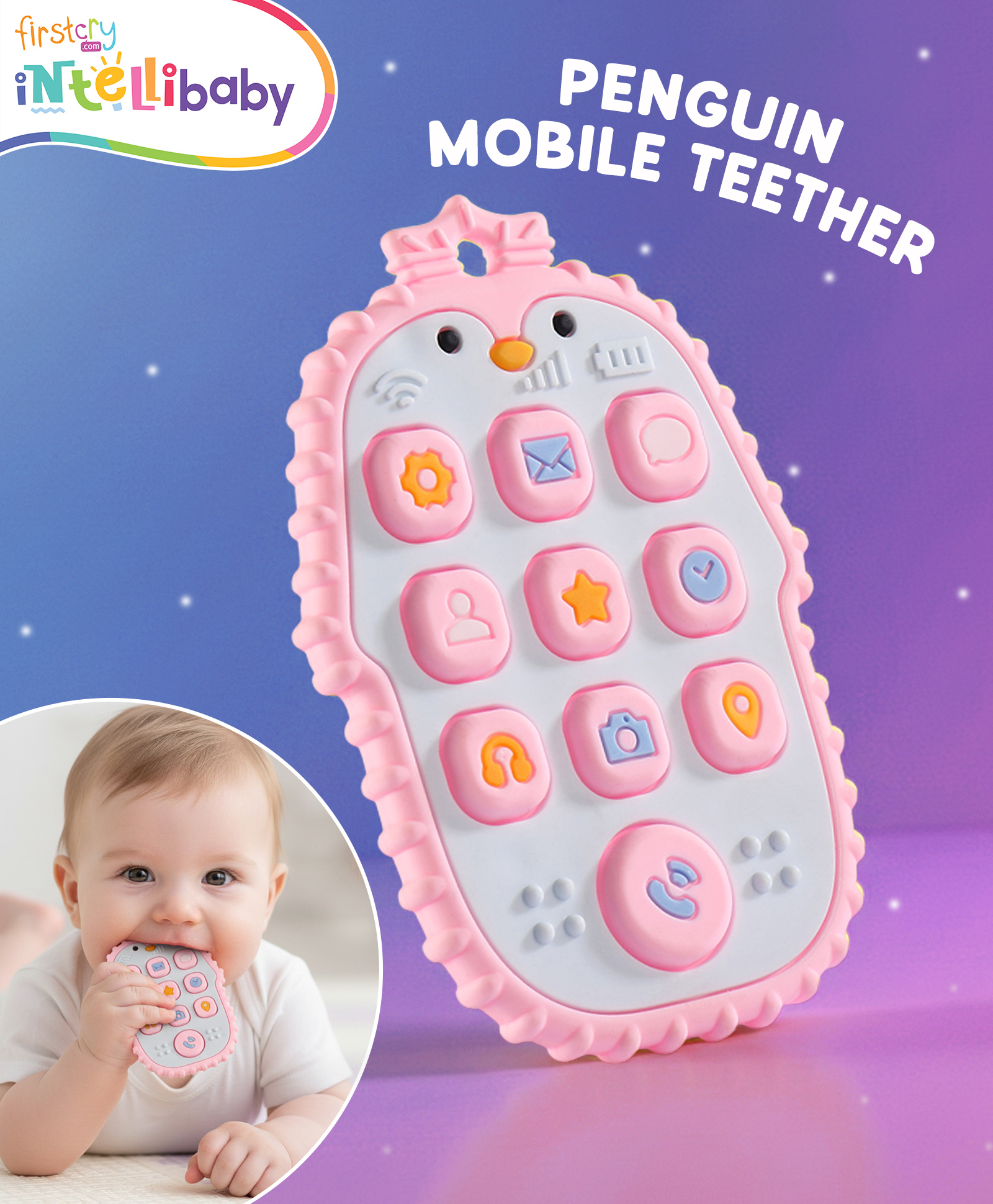 Intellibaby Penguin Mobile Teether - Pink | Soft BPA-Free Silicone Teething Toy for Babies | Soothing Aid for Biting & Gum Relief | Fun Activity | Paediatrician Approved | BIS Certified | For Gifting