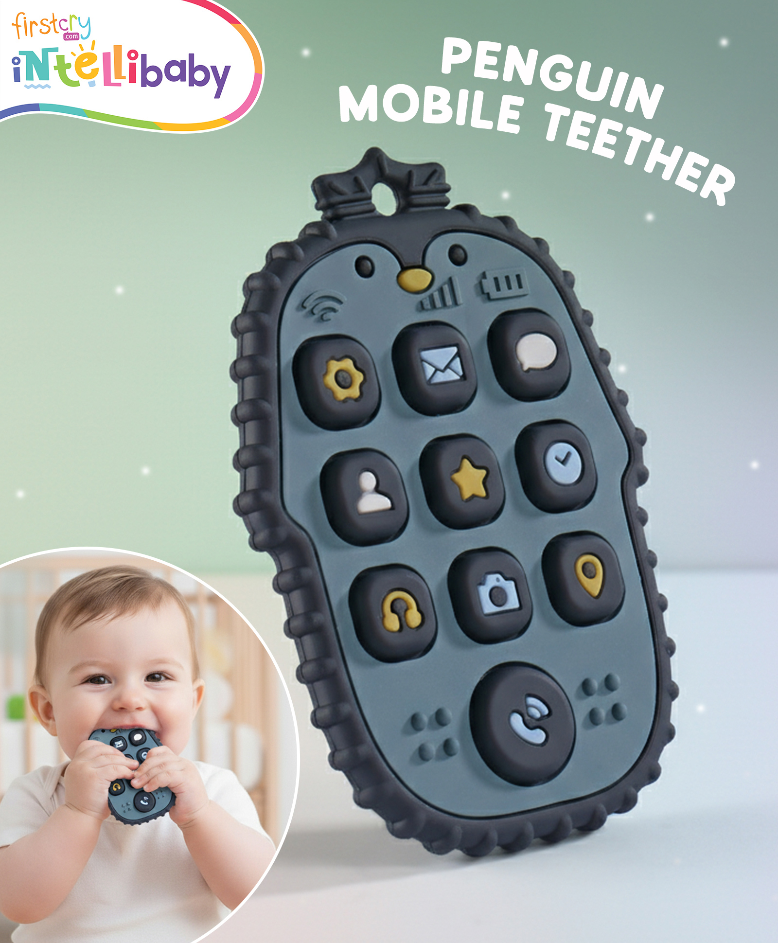 Intellibaby Penguin Mobile Teether-Dark Blue | Soft BPA-Free Silicone Teething Toy for Babies | Soothing Aid for Biting & Gum Relief | Fun Activity |Paediatrician Approved |BIS Certified |For Gifting
