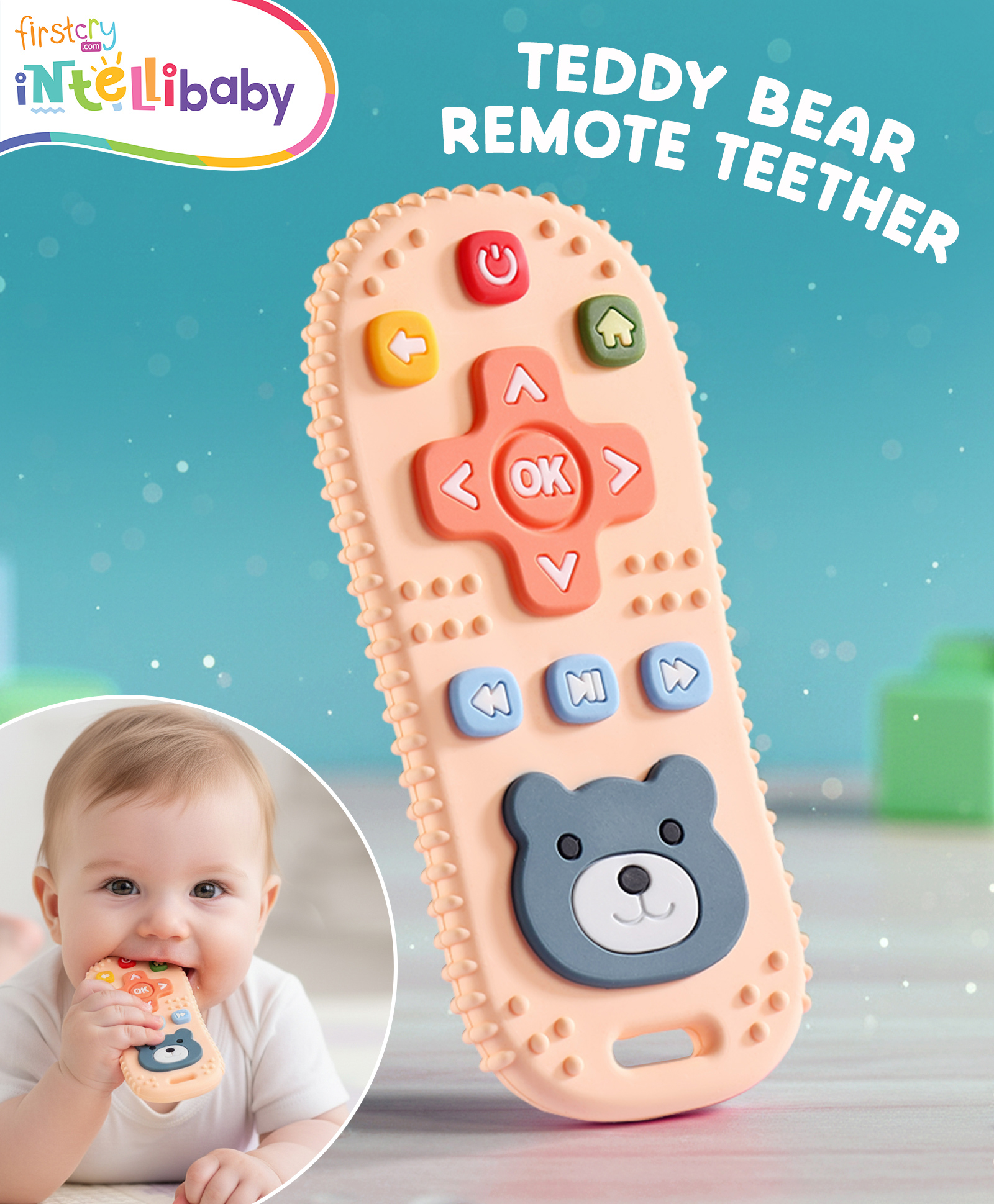Intellibaby Teddy Bear Remote Teether-Peach | Soft BPA-Free Silicone Teething Toy for Babies | Soothing Aid for Biting & Gum Relief | Fun Activity | Paediatrician Approved |BIS Certified |For Gifting