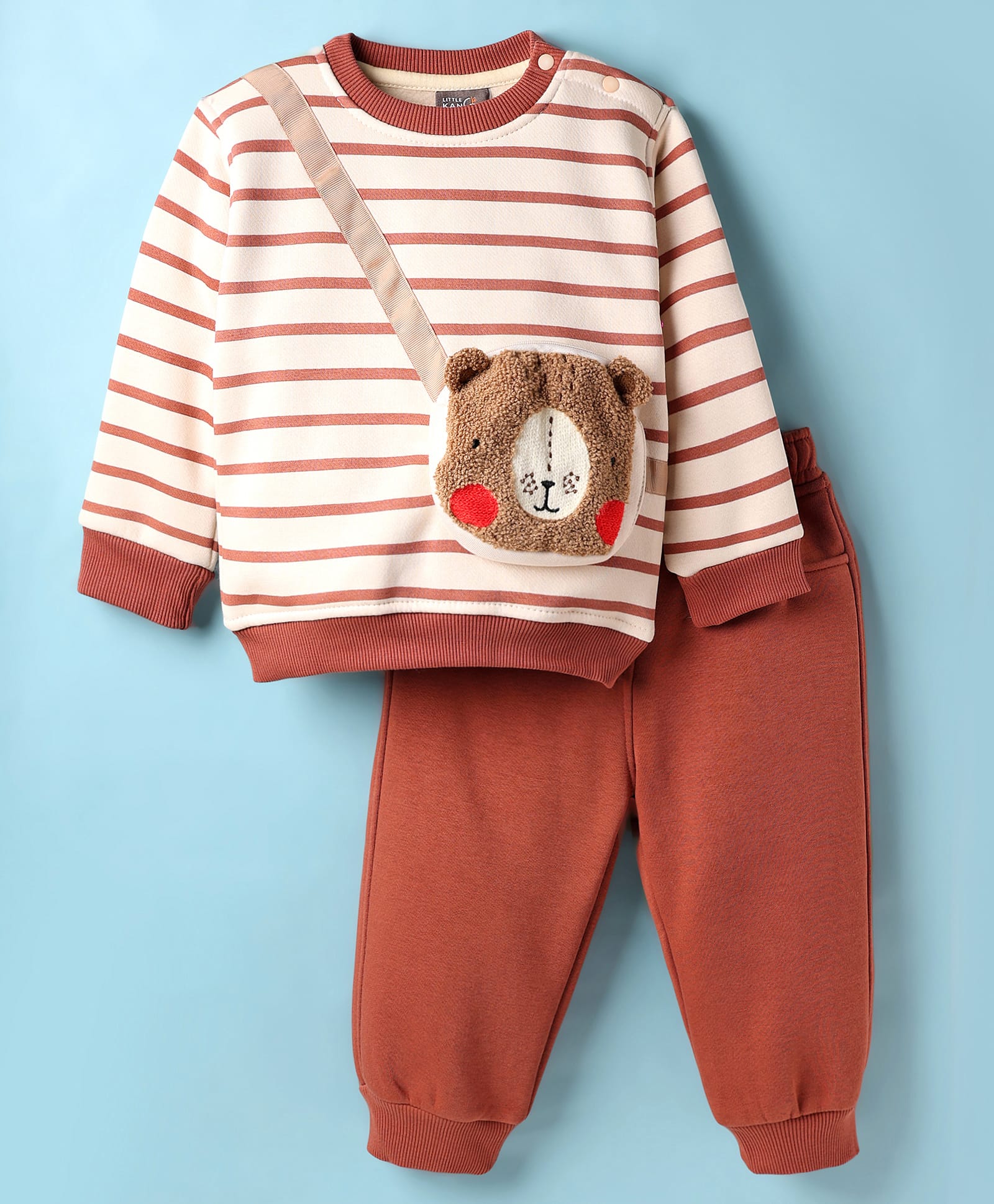 Little Kangaroos Knit Winter Wear Sweatshirt & Lounge Pant Set with Stripes & Bear Shaped Pocket - Rust Orange-image-28