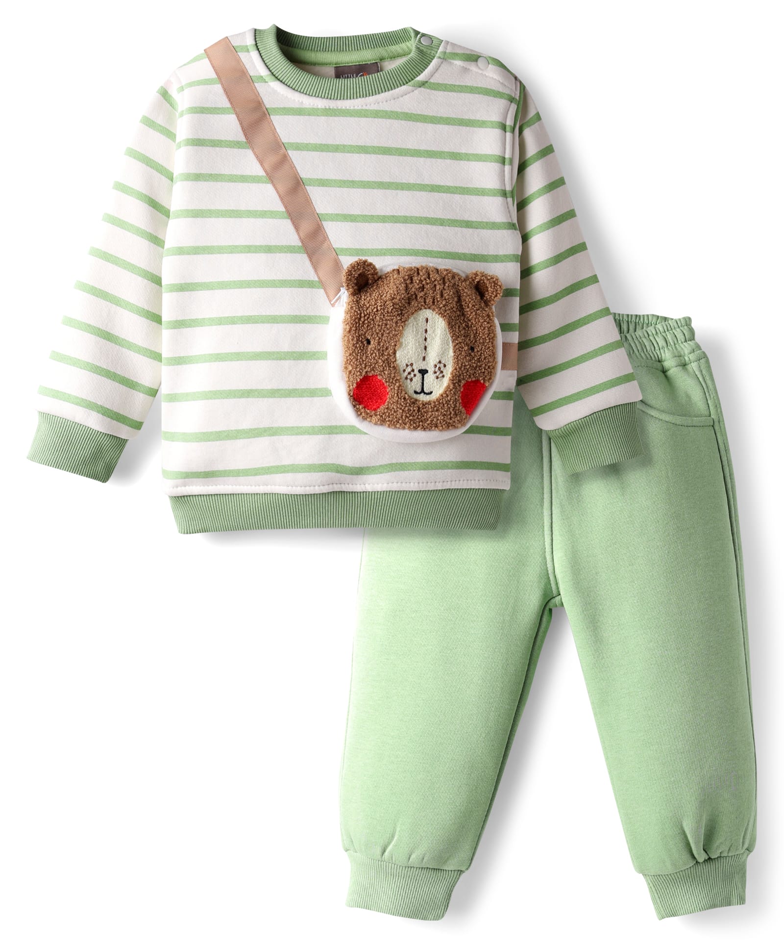 Little Kangaroos Knit Winter Wear Sweatshirt & Lounge Pant Set with Stripes & Bear Shaped Pocket - Light Green-image-26
