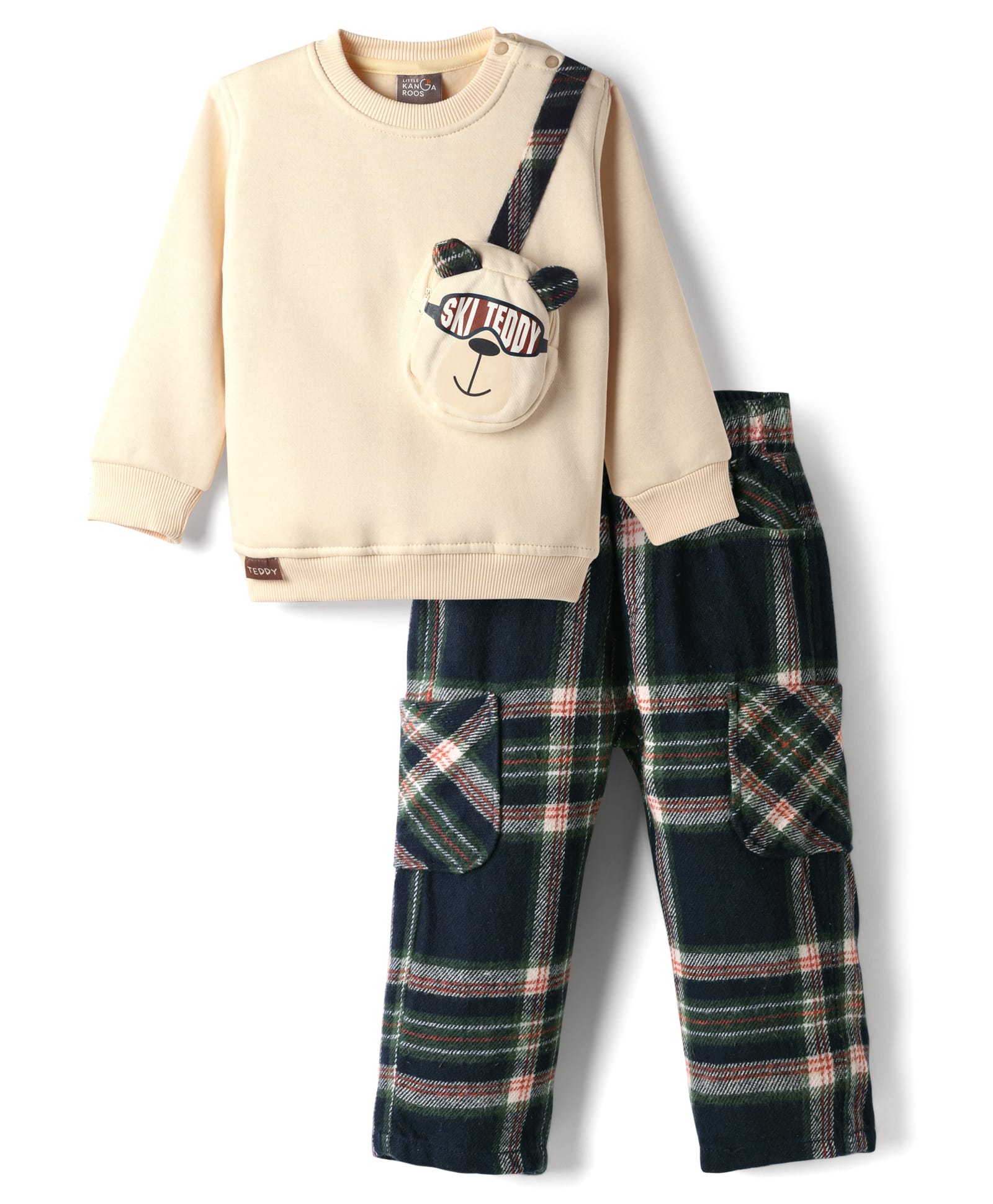 Little Kangaroos Woven Full Sleeves Winter Wear Sweatshirt & Lounge Pant with Checks & Teddy Shaped Pocket - Cream-image-14