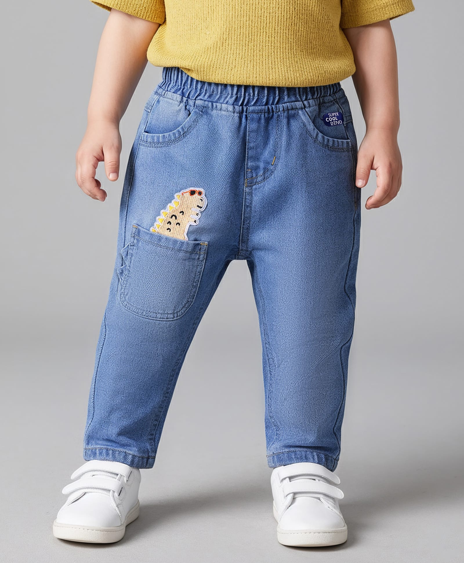 Little Kangaroos Full Length Washed Denim Jeans with Dino Patch Detailing - Blue-picture-37