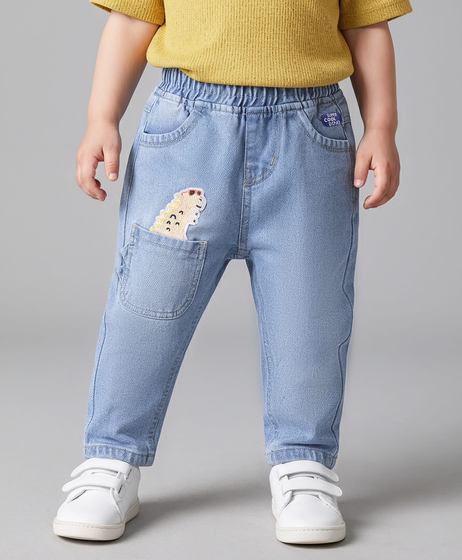 Little Kangaroos Full Length Washed Denim Jeans with Dino Patch Detailing - Light Blue-picture-26