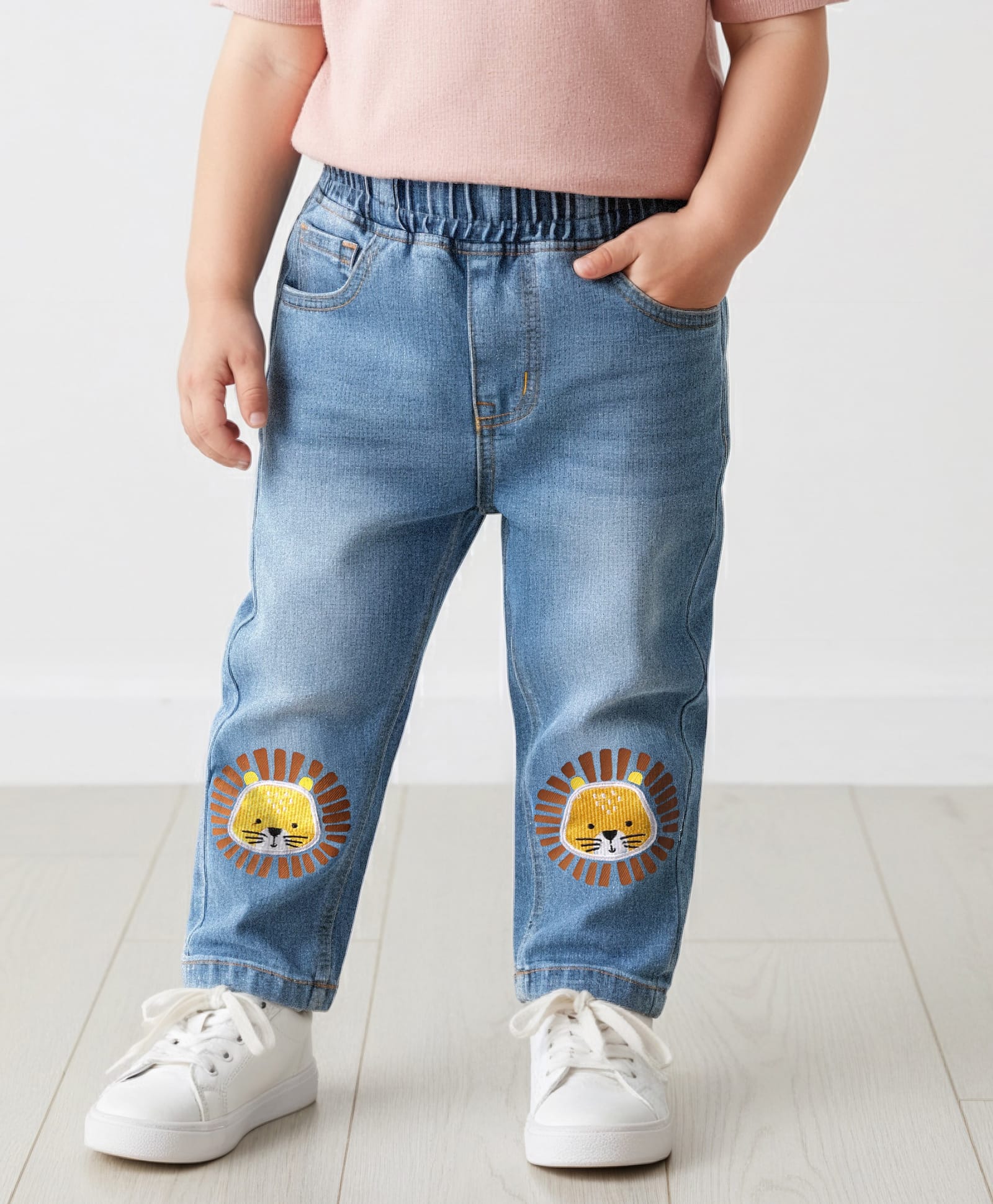Little Kangaroos Full Length Washed Denim Jeans with Lion Patch Detailing - Blue-picture-36