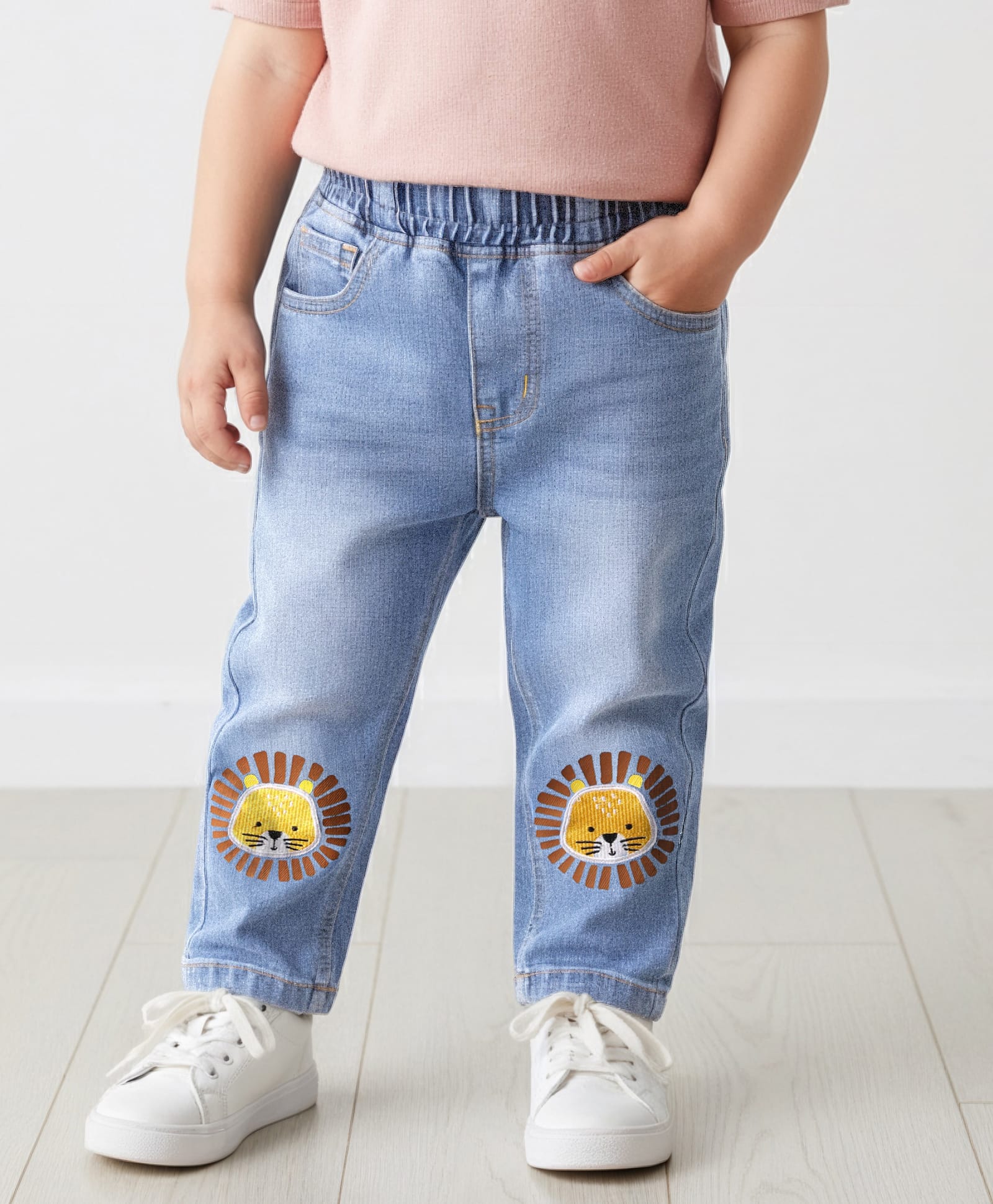 Little Kangaroos Full Length Washed Denim Jeans with Lion Patch Detailing - Light Blue-picture-17