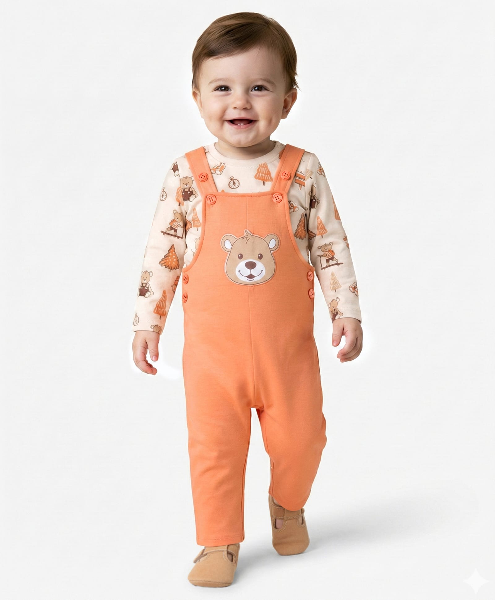 Babyoye 100% Cotton Knit Dungaree & Full Sleeves Inner Tee With Teddy Bear Print - Orange & White-picture-23